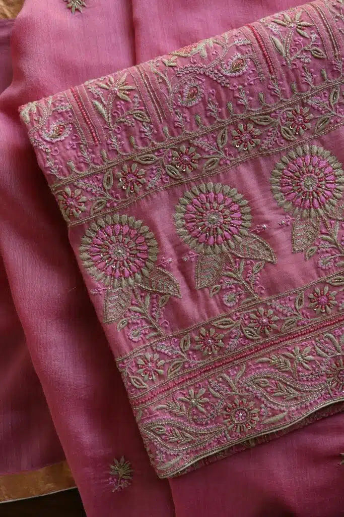 Pink Moonga Silk Chikankari Unstitched Fabric