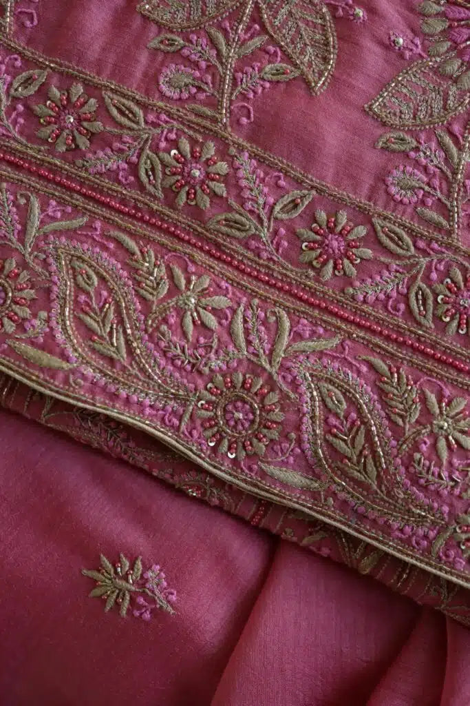 Pink Moonga Silk Chikankari Unstitched Fabric