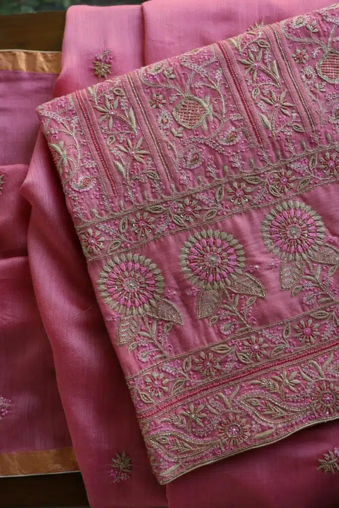 Pink Moonga Silk Chikankari Unstitched Fabric