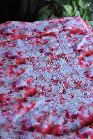 Pink Multi Floral Cotton Kurta Fabric with Chikankari Embroidered Neckline