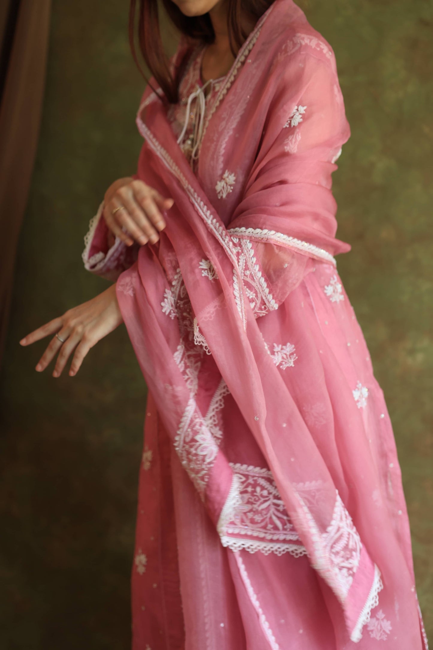 Pink Noor Organza Chikankari Anarkali Kurta With Dupatta