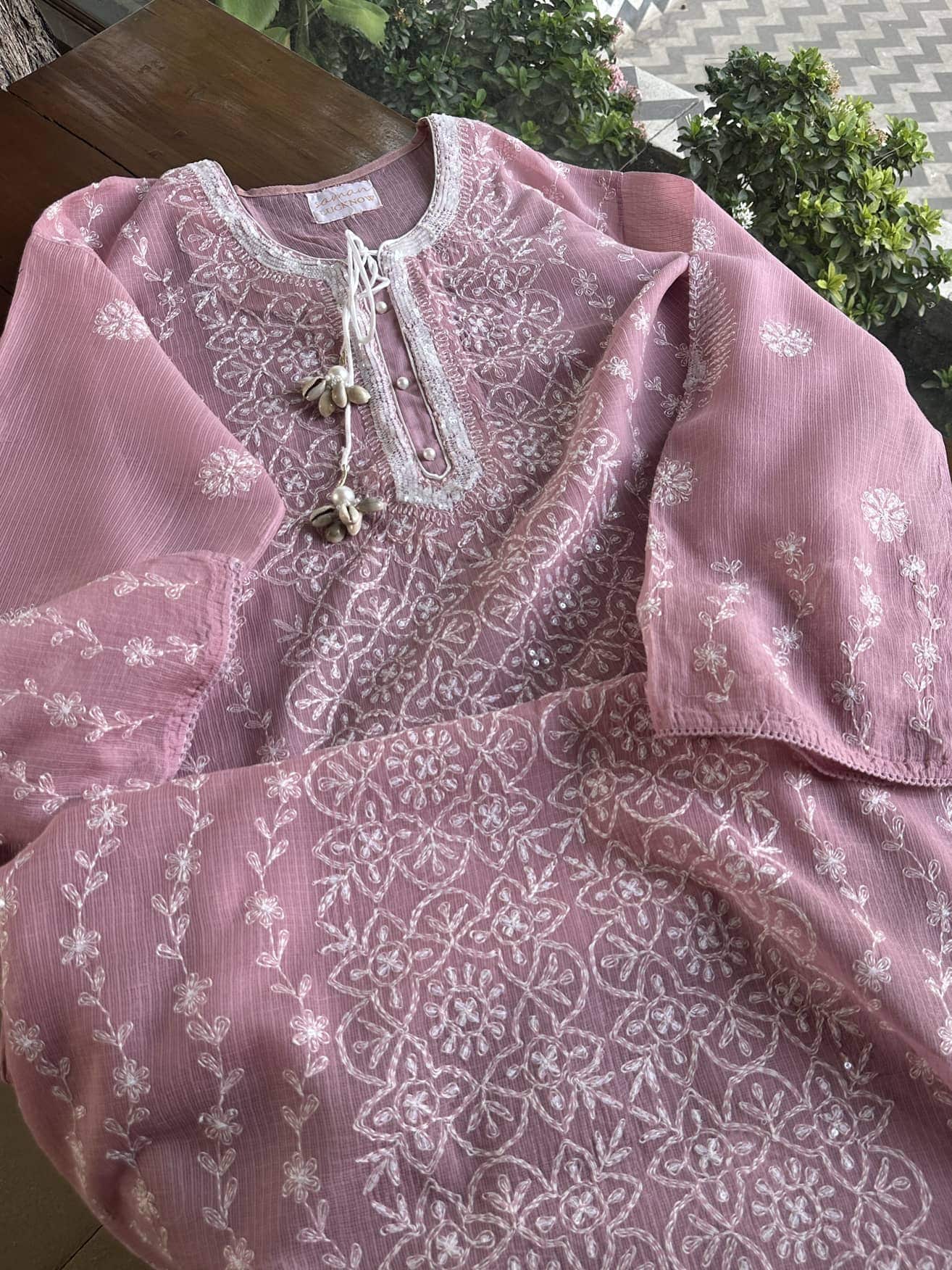 Pink Semi Stitched Kota Tepchi Chikankari Kurta Dupatta Set