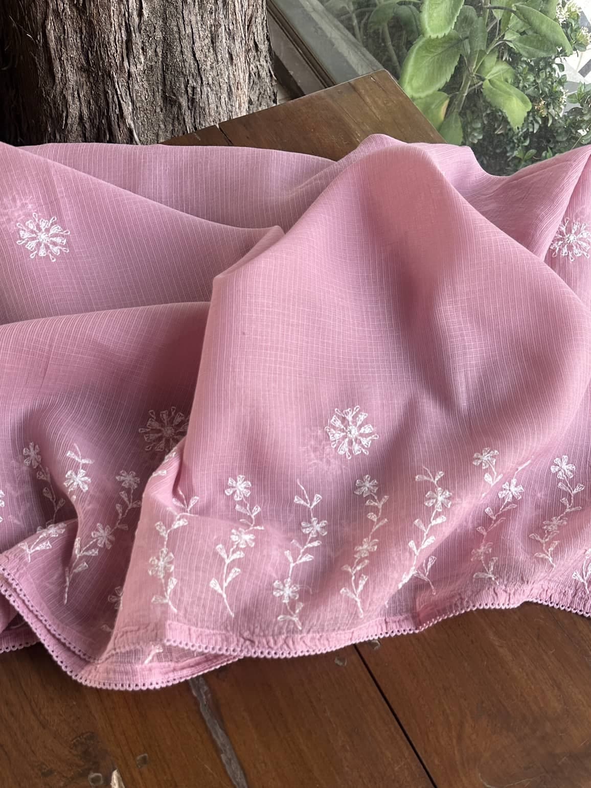 Pink Semi Stitched Kota Tepchi Chikankari Kurta Dupatta Set