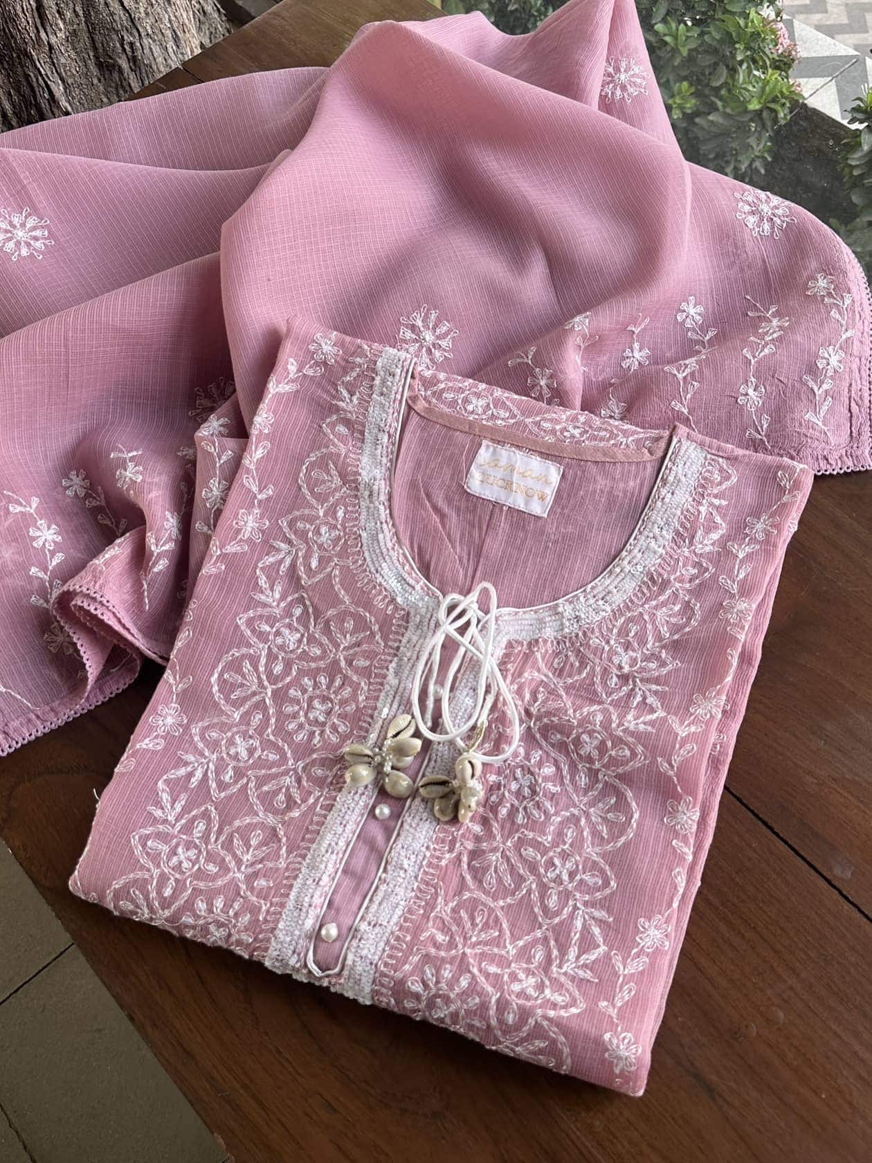 Pink Semi Stitched Kota Tepchi Chikankari Kurta Dupatta Set