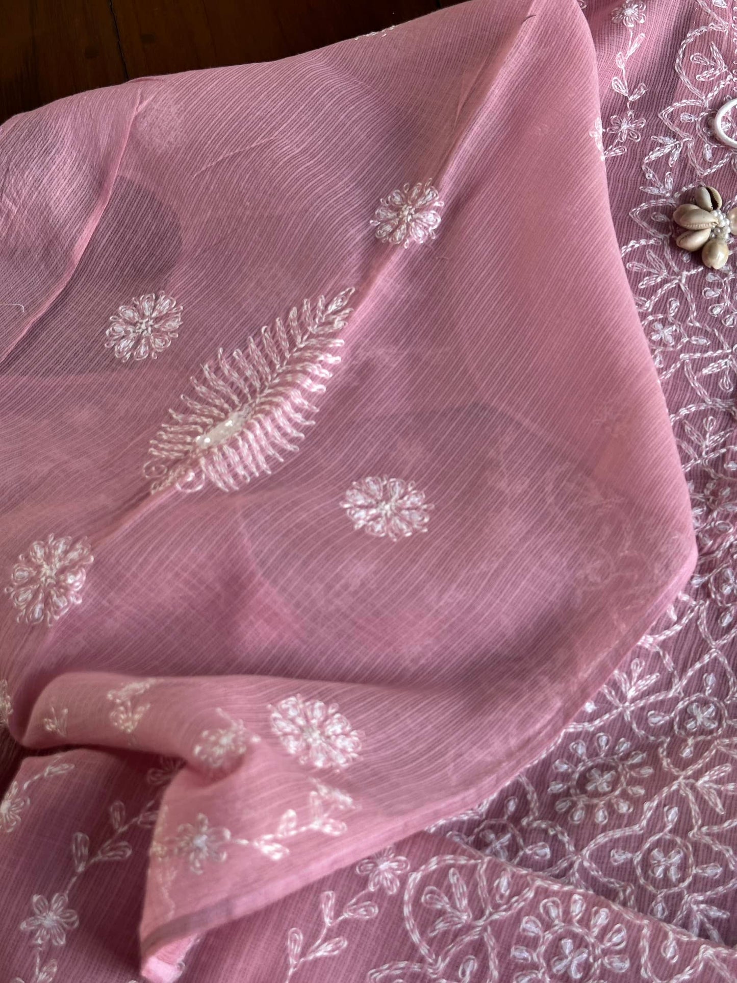 Pink Semi Stitched Kota Tepchi Chikankari Kurta Dupatta Set