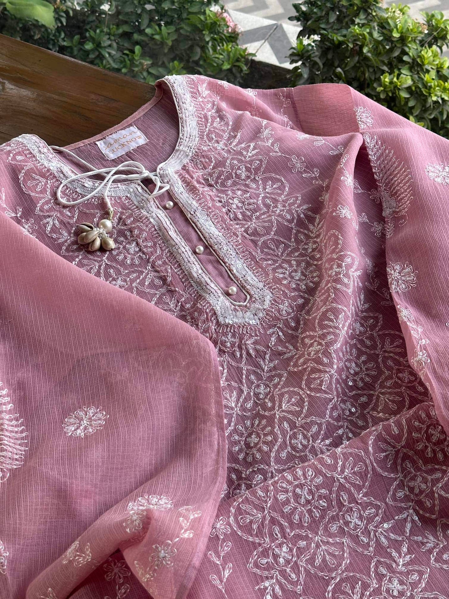 Pink Semi Stitched Kota Tepchi Chikankari Kurta Dupatta Set