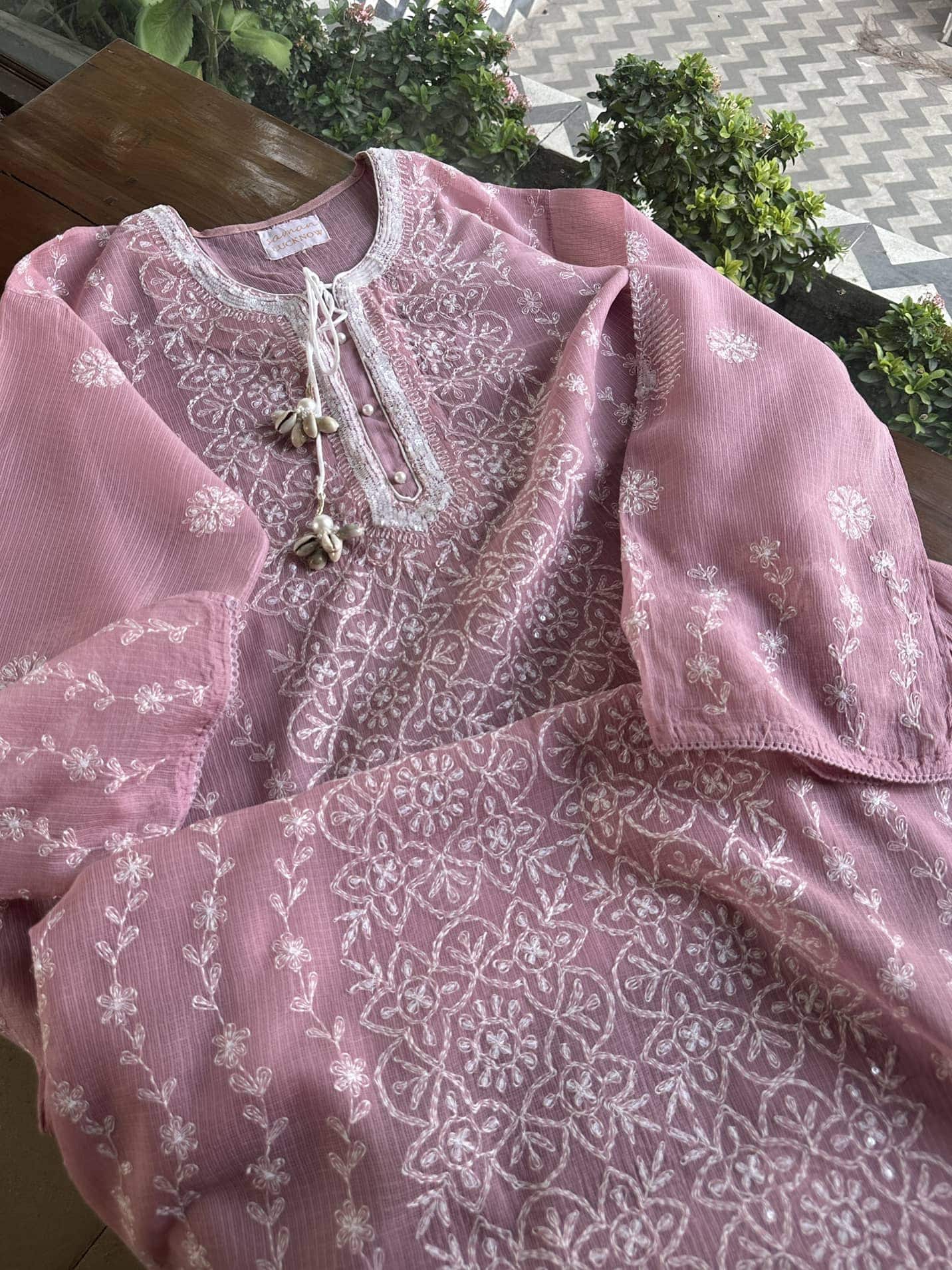 Pink Semi Stitched Kota Tepchi Chikankari Kurta Dupatta Set
