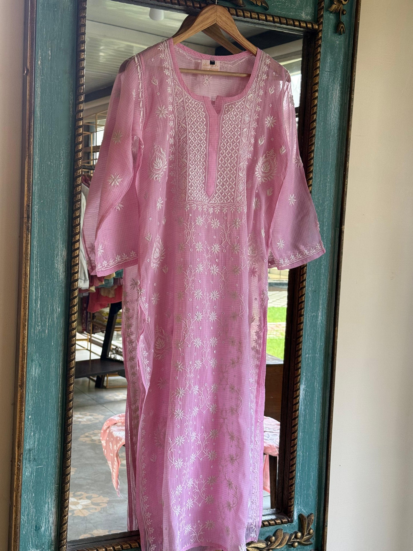 Pink Sequinned Chikankari Kota Kurta