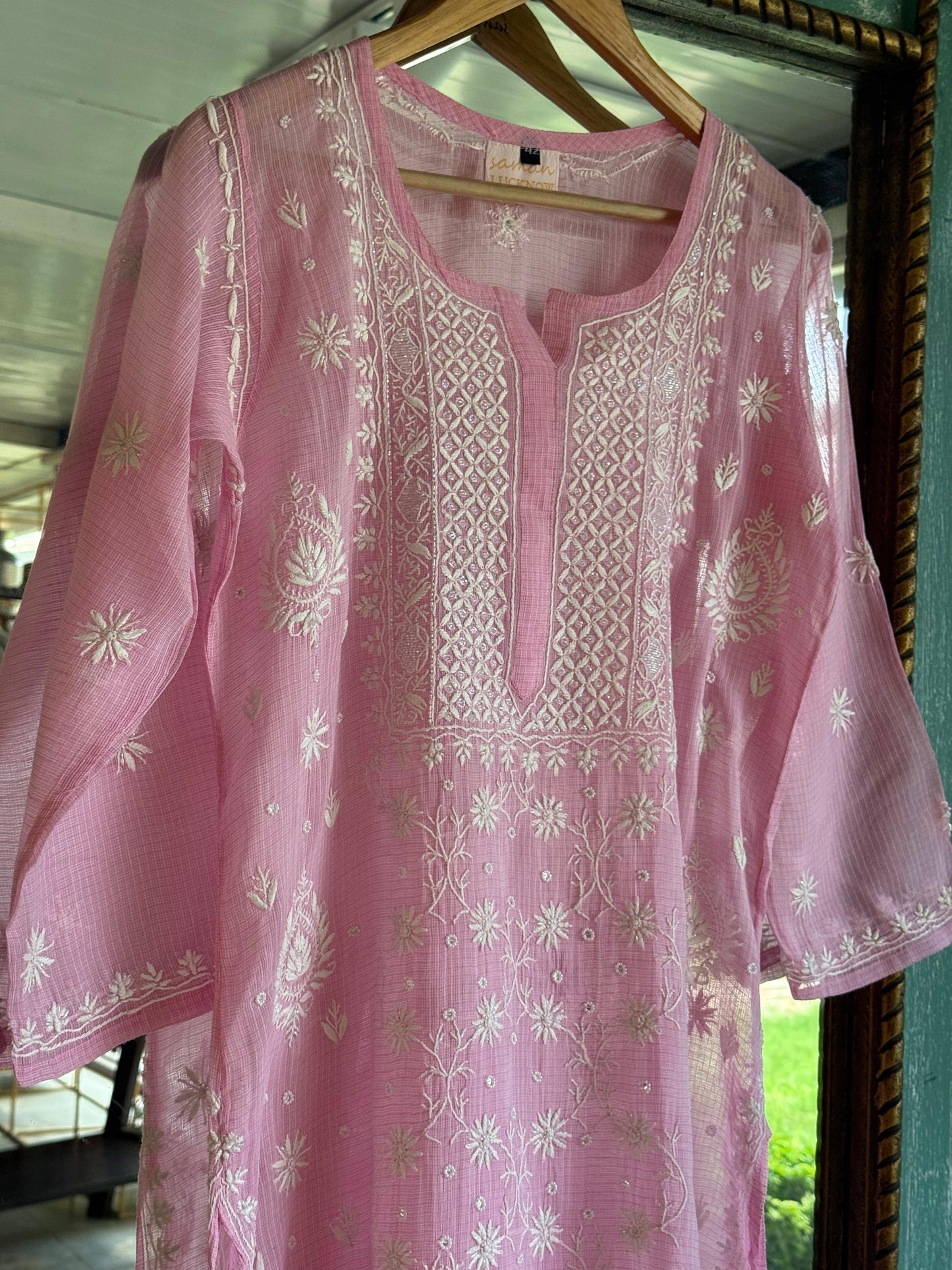 Pink Sequinned Chikankari Kota Kurta