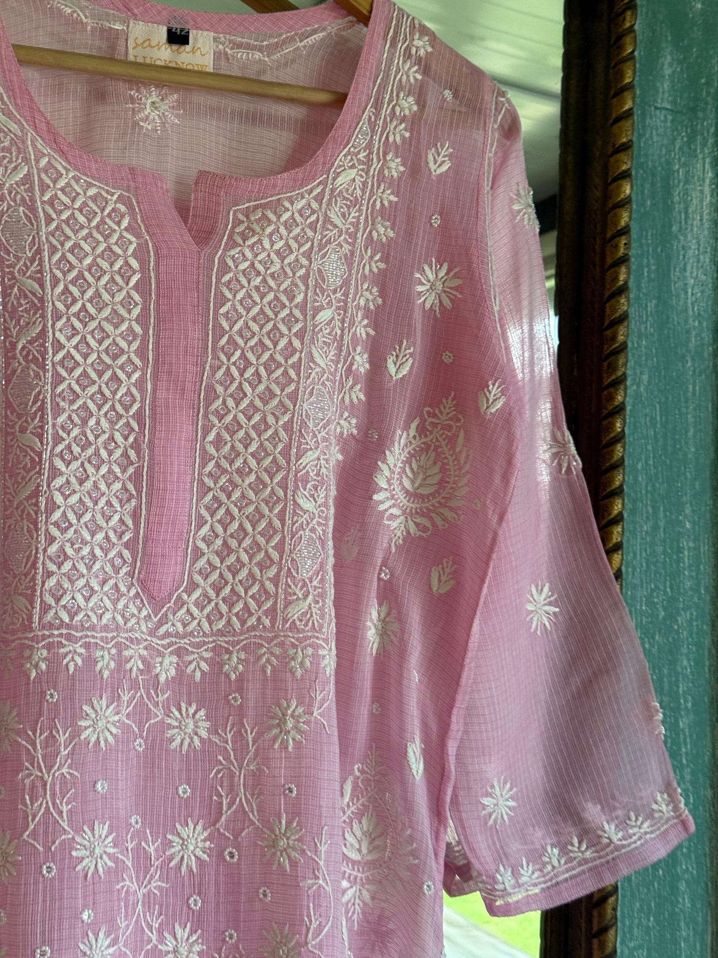 Pink Sequinned Chikankari Kota Kurta