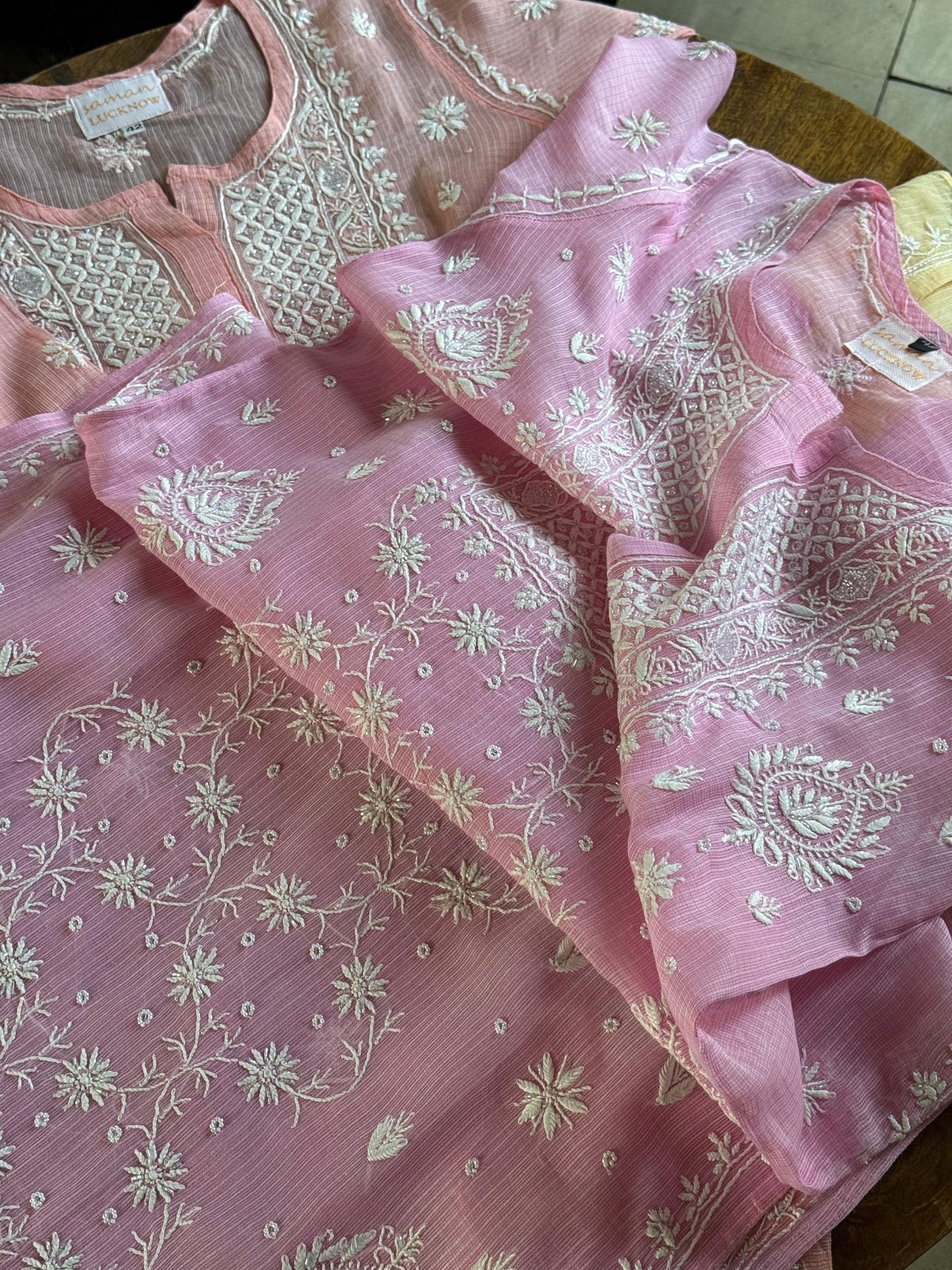 Pink Sequinned Chikankari Kota Kurta