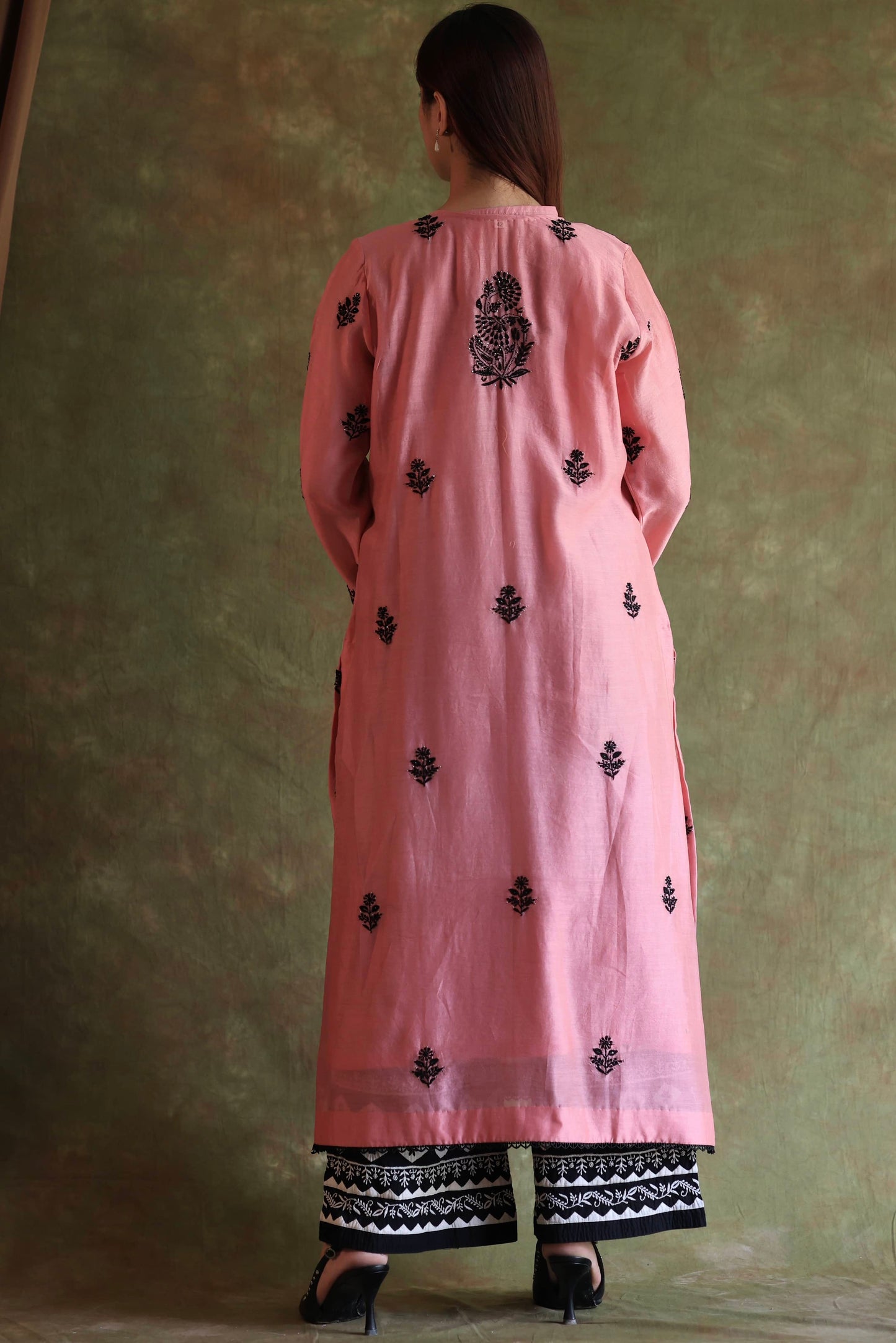 Pink & Black Mal Cotton Chikankari With Kamdani Ready to Wear Kurta Set