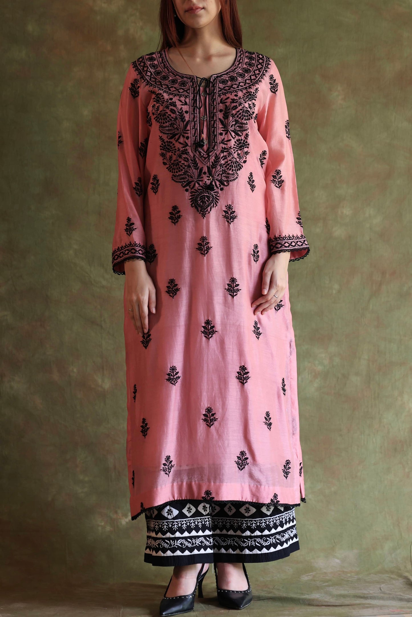 Pink & Black Mal Cotton Chikankari With Kamdani Ready to Wear Kurta Set