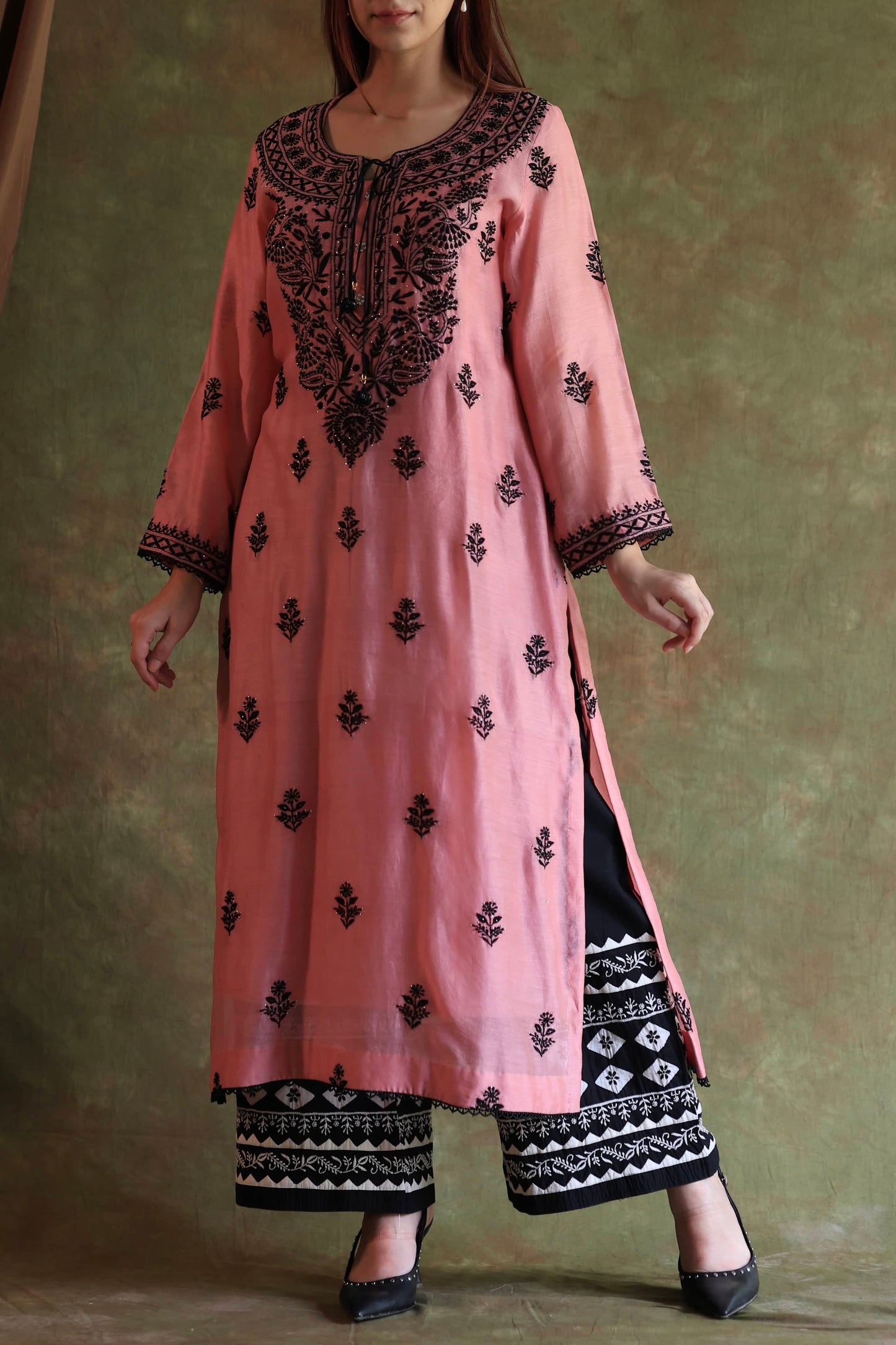 Pink & Black Mal Cotton Chikankari With Kamdani Ready to Wear Kurta Set