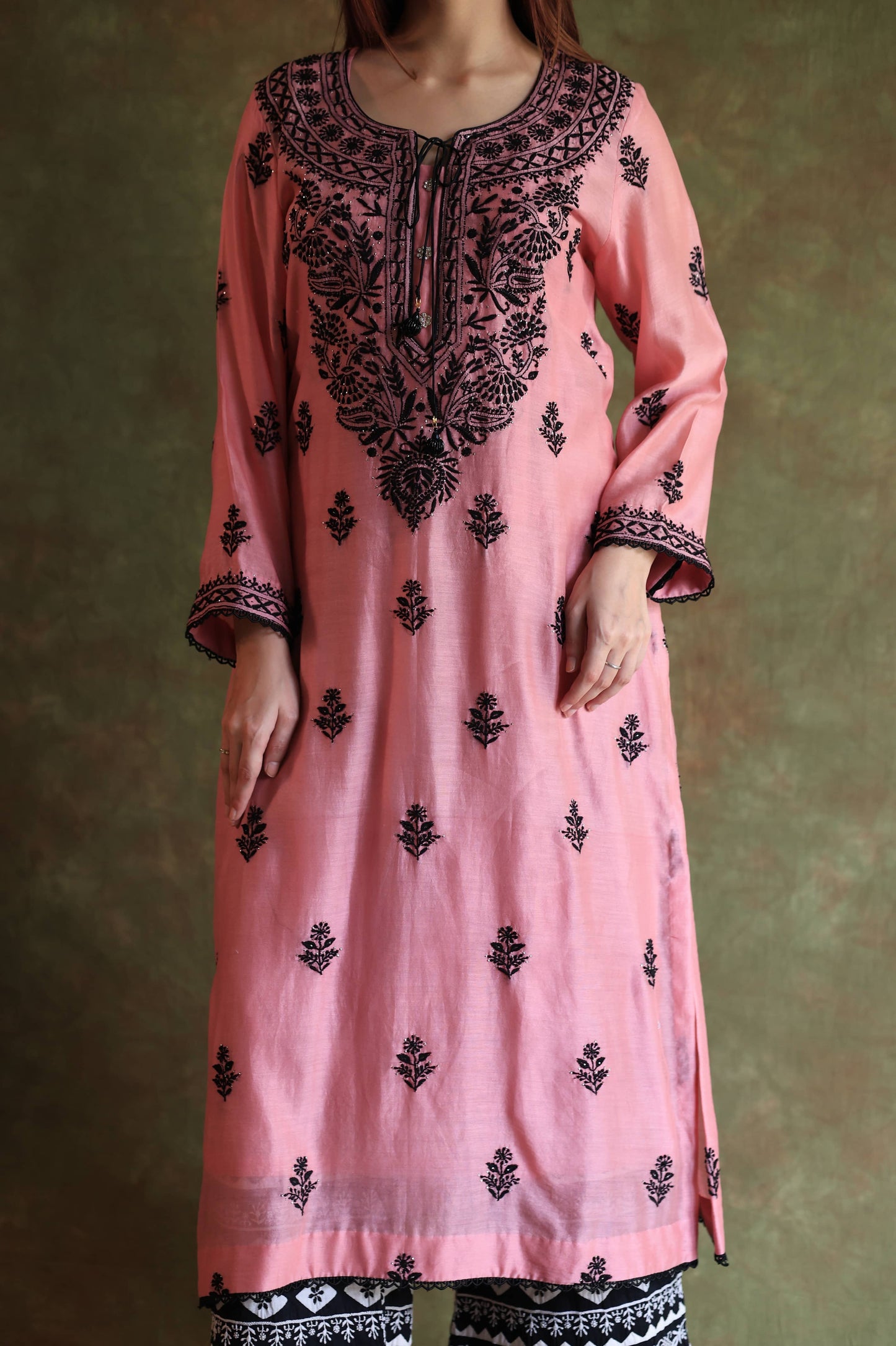 Pink & Black Mal Cotton Chikankari With Kamdani Ready to Wear Kurta Set