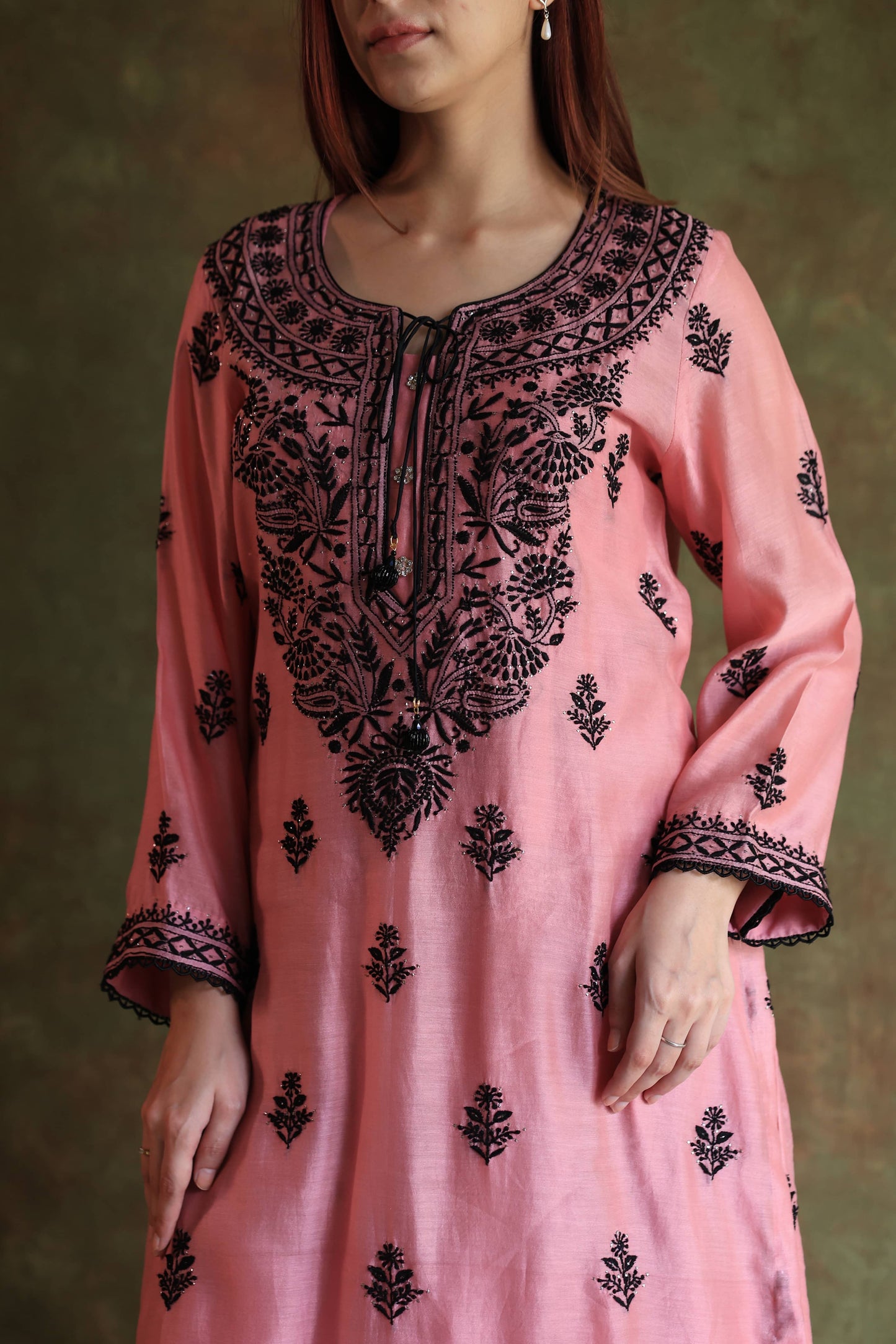Pink & Black Mal Cotton Chikankari With Kamdani Ready to Wear Kurta Set
