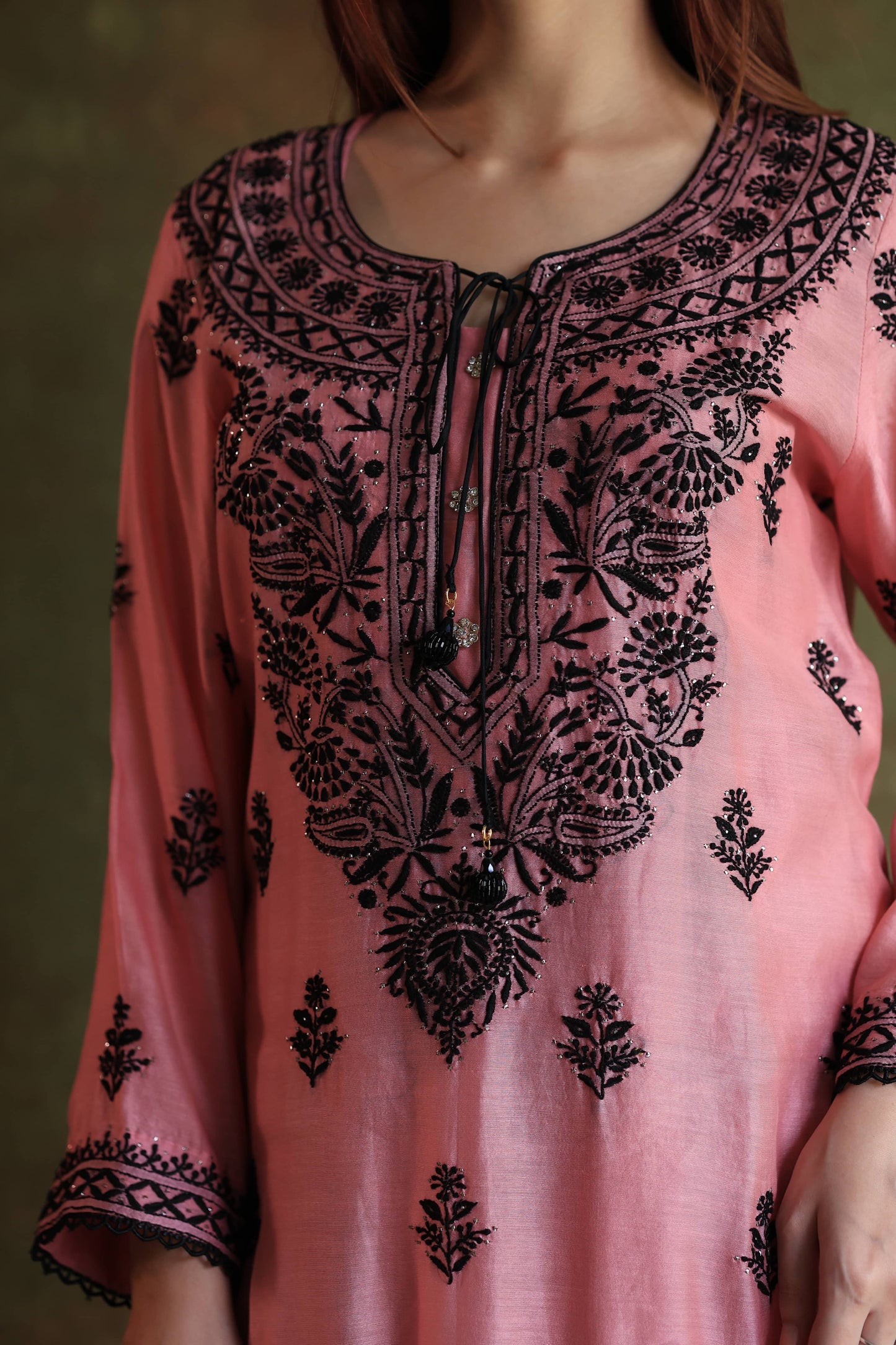 Pink & Black Mal Cotton Chikankari With Kamdani Ready to Wear Kurta Set