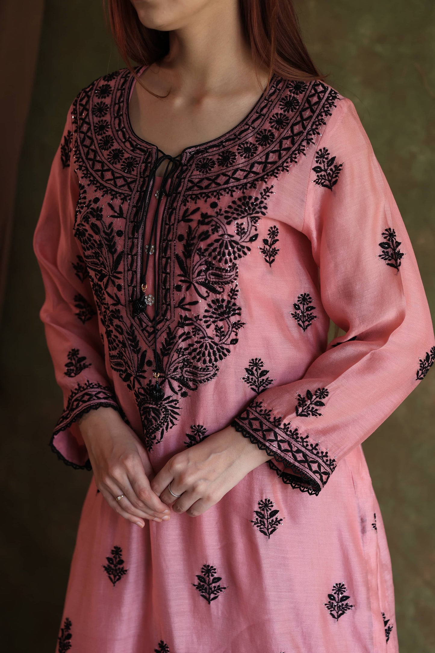 Pink & Black Mal Cotton Chikankari With Kamdani Ready to Wear Kurta Set