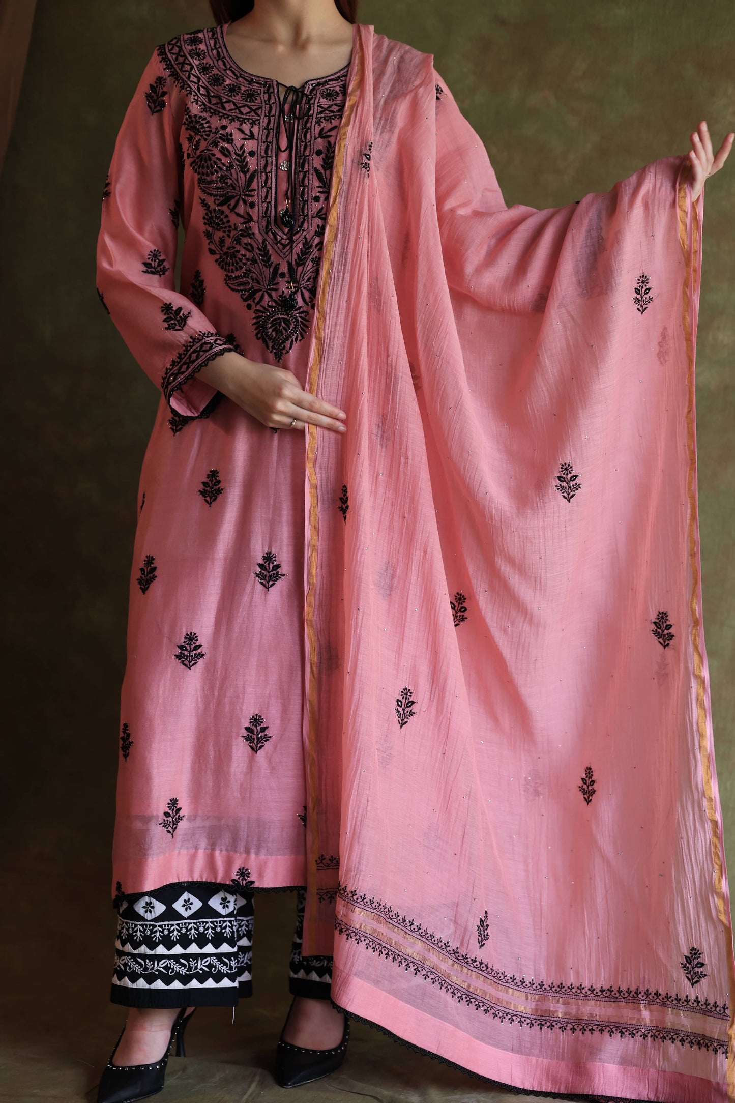 Pink & Black Mal Cotton Chikankari With Kamdani Ready to Wear Kurta Set