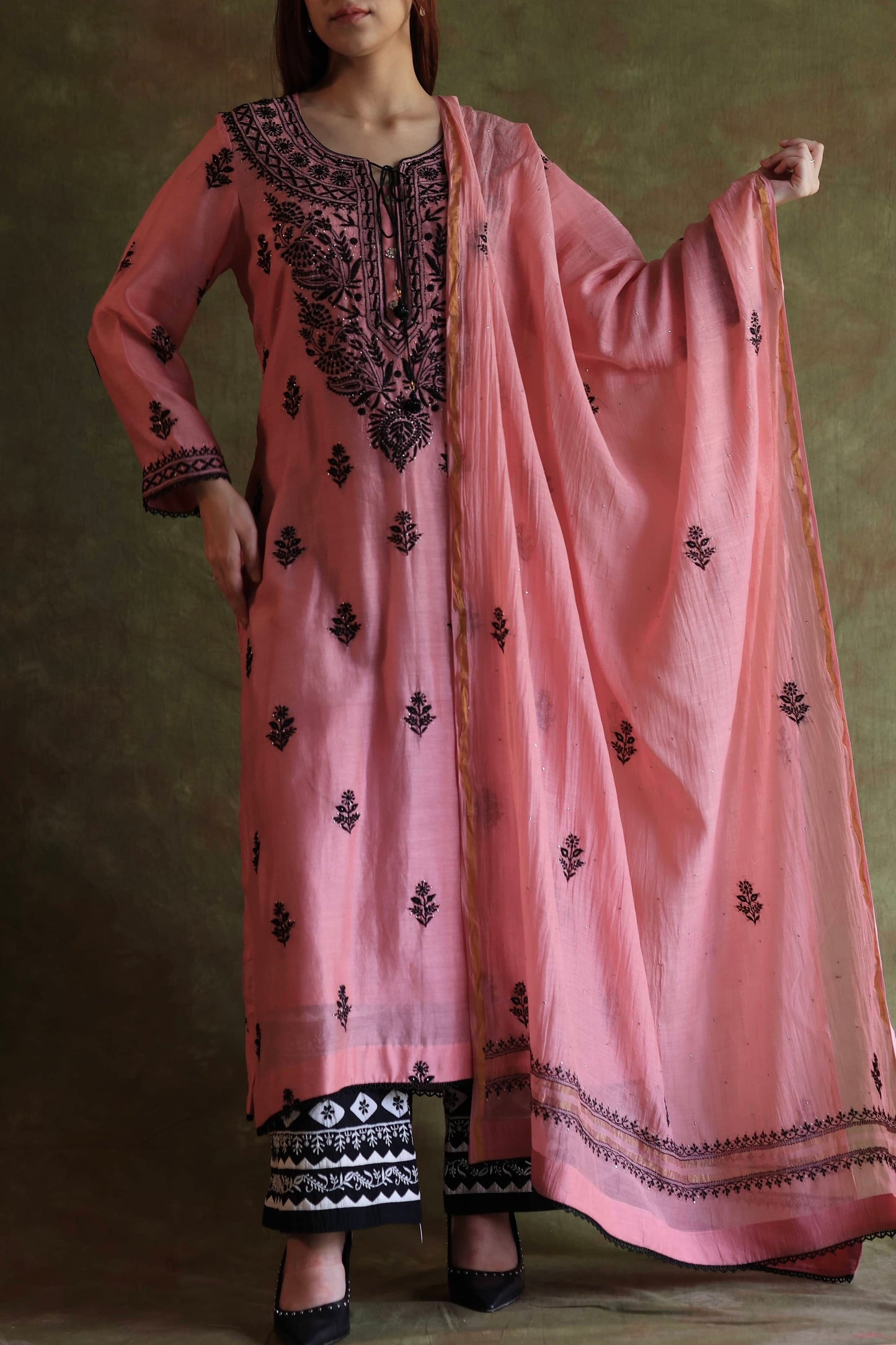 Pink & Black Mal Cotton Chikankari With Kamdani Ready to Wear Kurta Set