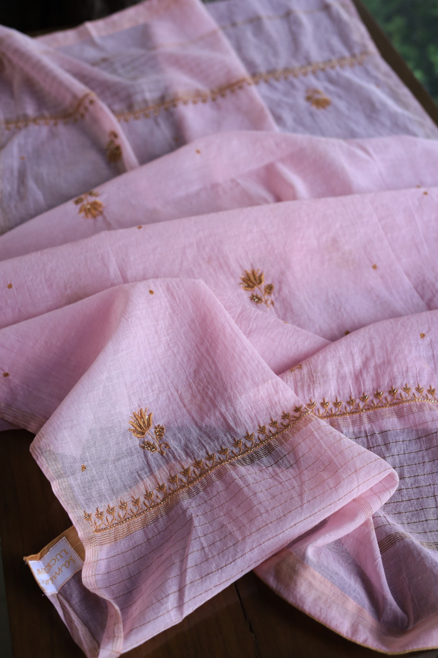 Pink & Mustard Mal Chanderi Silk Chikankari Unstitched Fabric