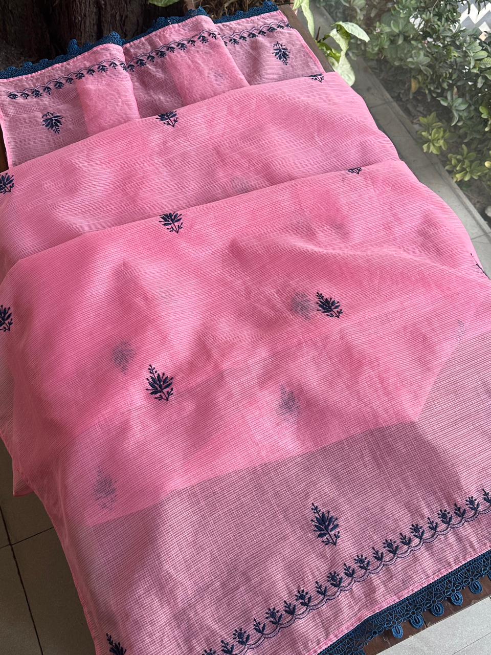 Pink & Navy Blue Kota Chikankari Unstitched Fabrics