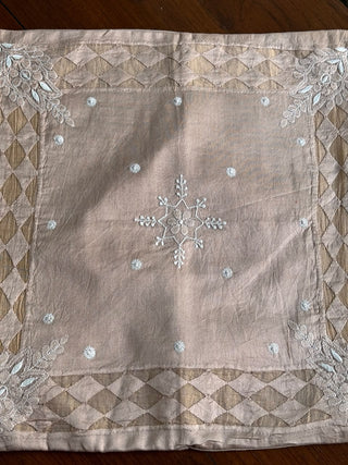 Pinkish Beige Chanderi Cushion Cover with Chikankari & Daraz Appliqué