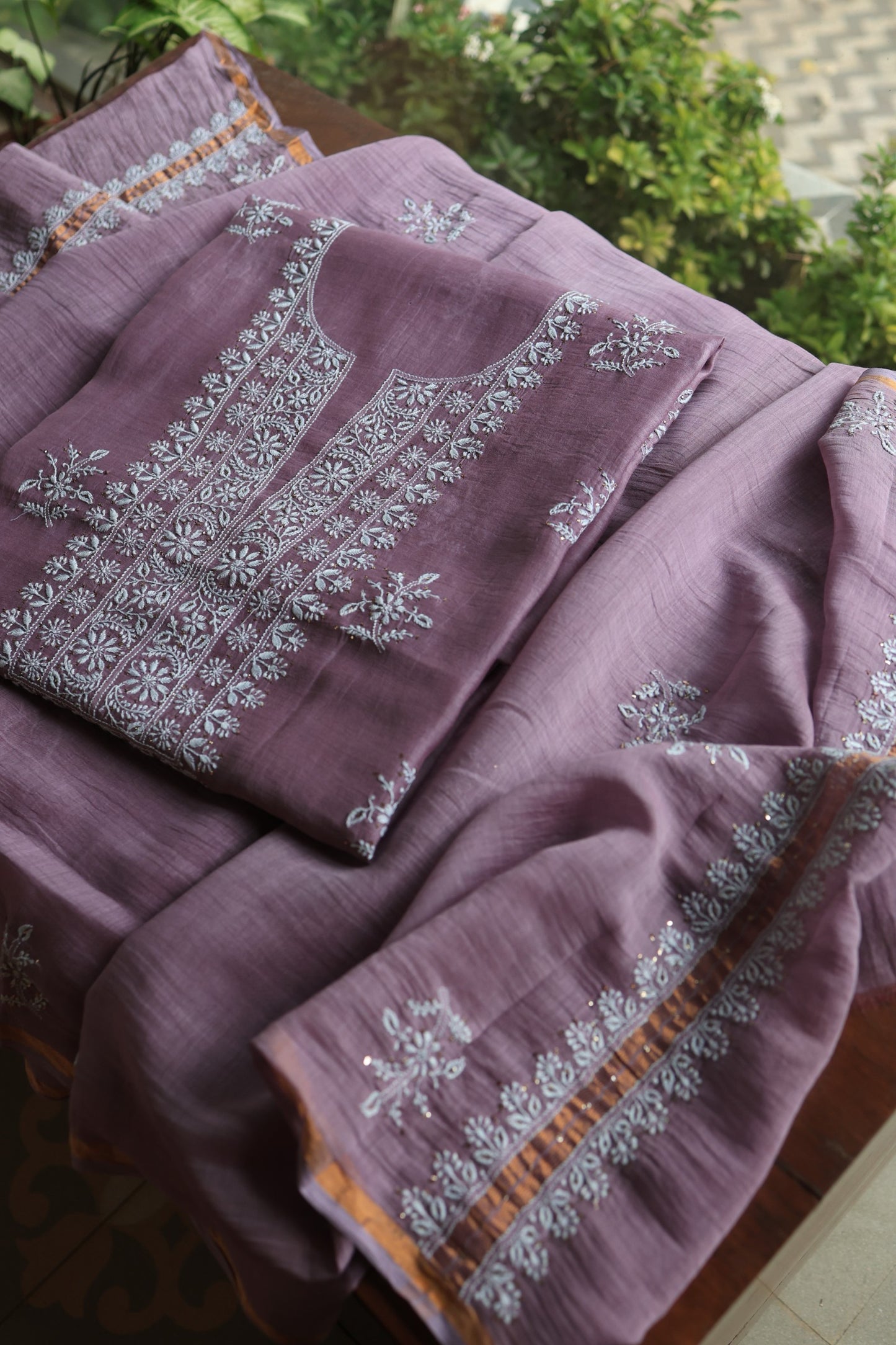 Plum Purple Mal Cotton Chikankari Unstitched Fabrics With Kamdani