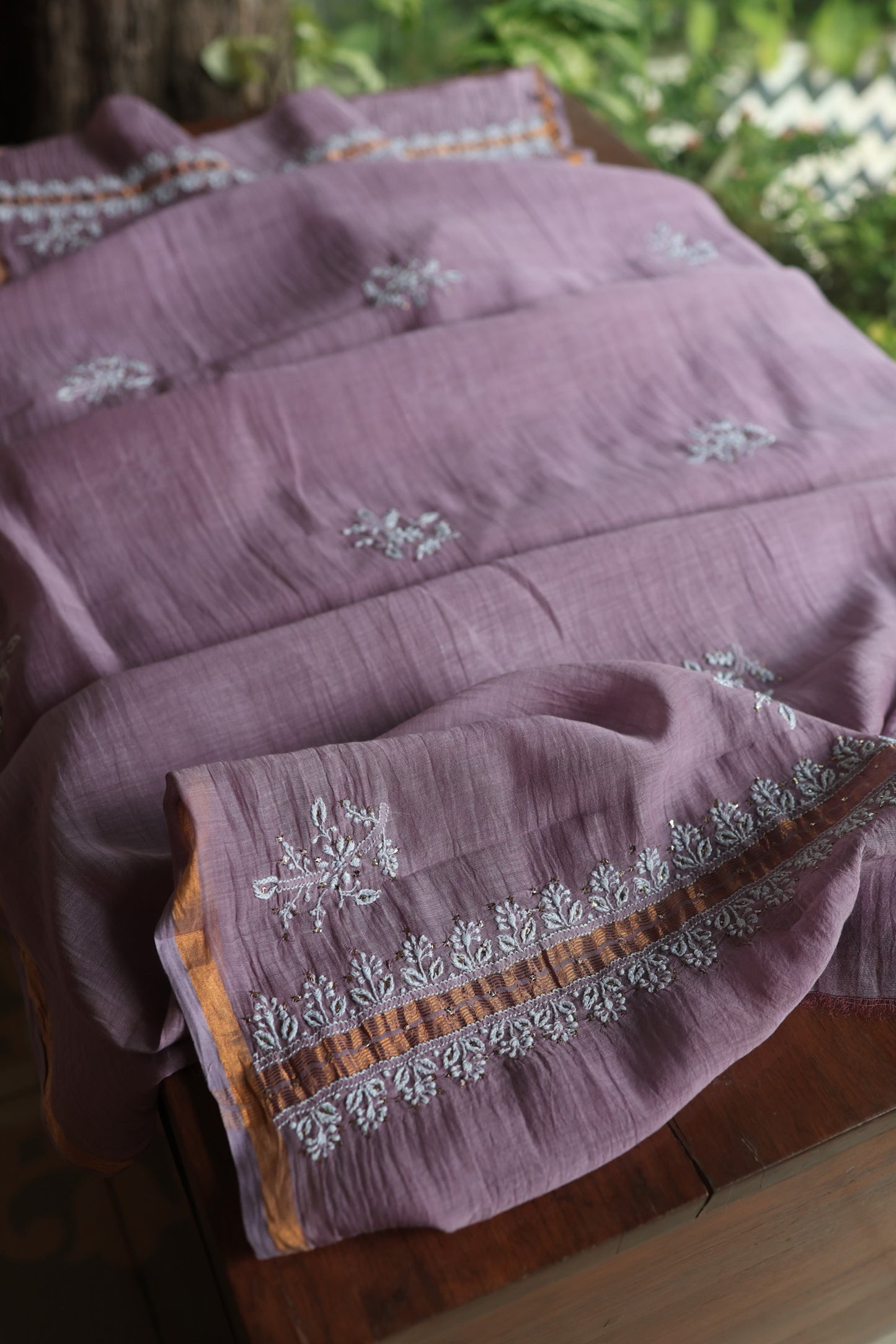Plum Purple Mal Cotton Chikankari Unstitched Fabrics With Kamdani