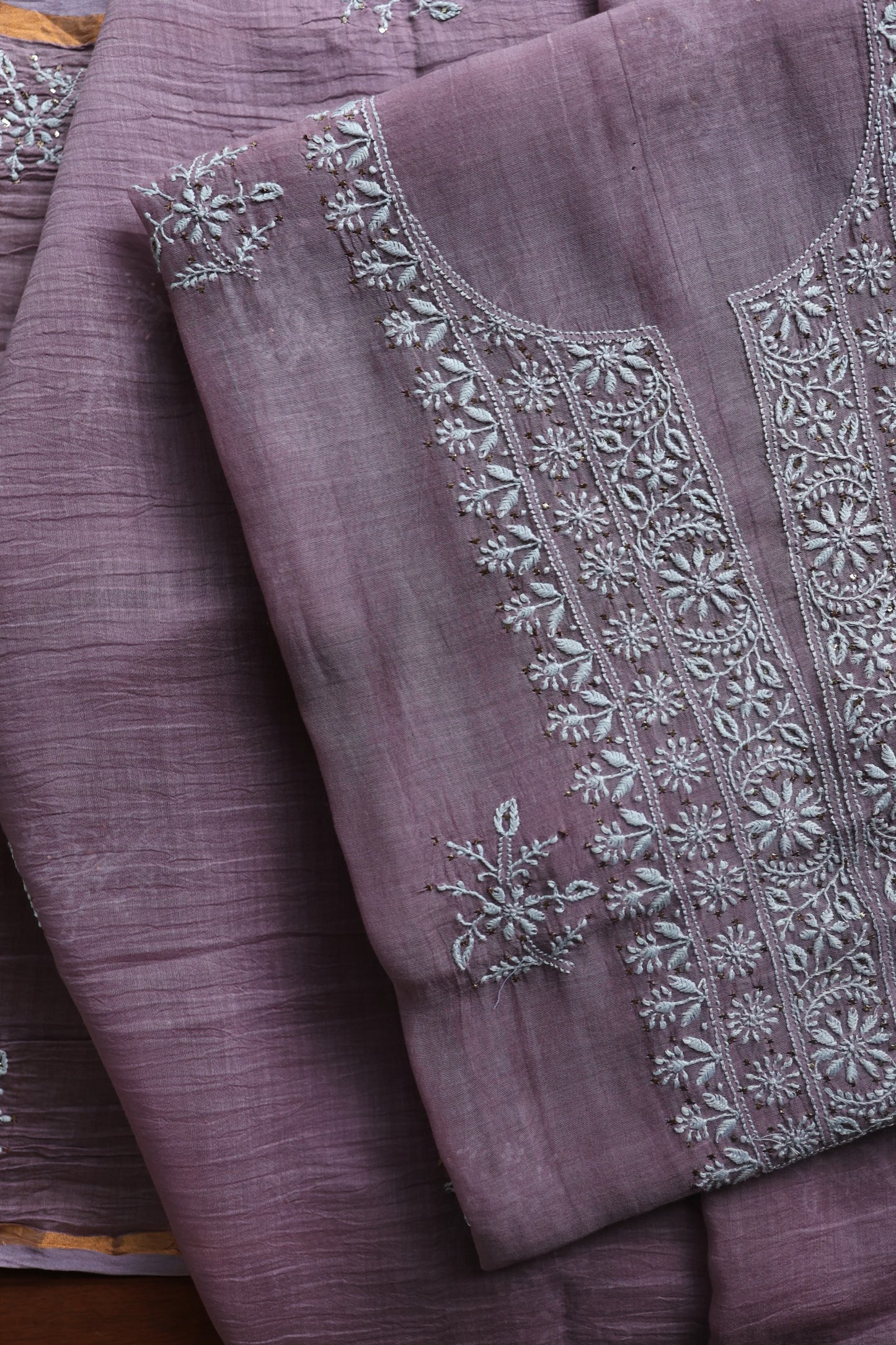 Plum Purple Mal Cotton Chikankari Unstitched Fabrics With Kamdani