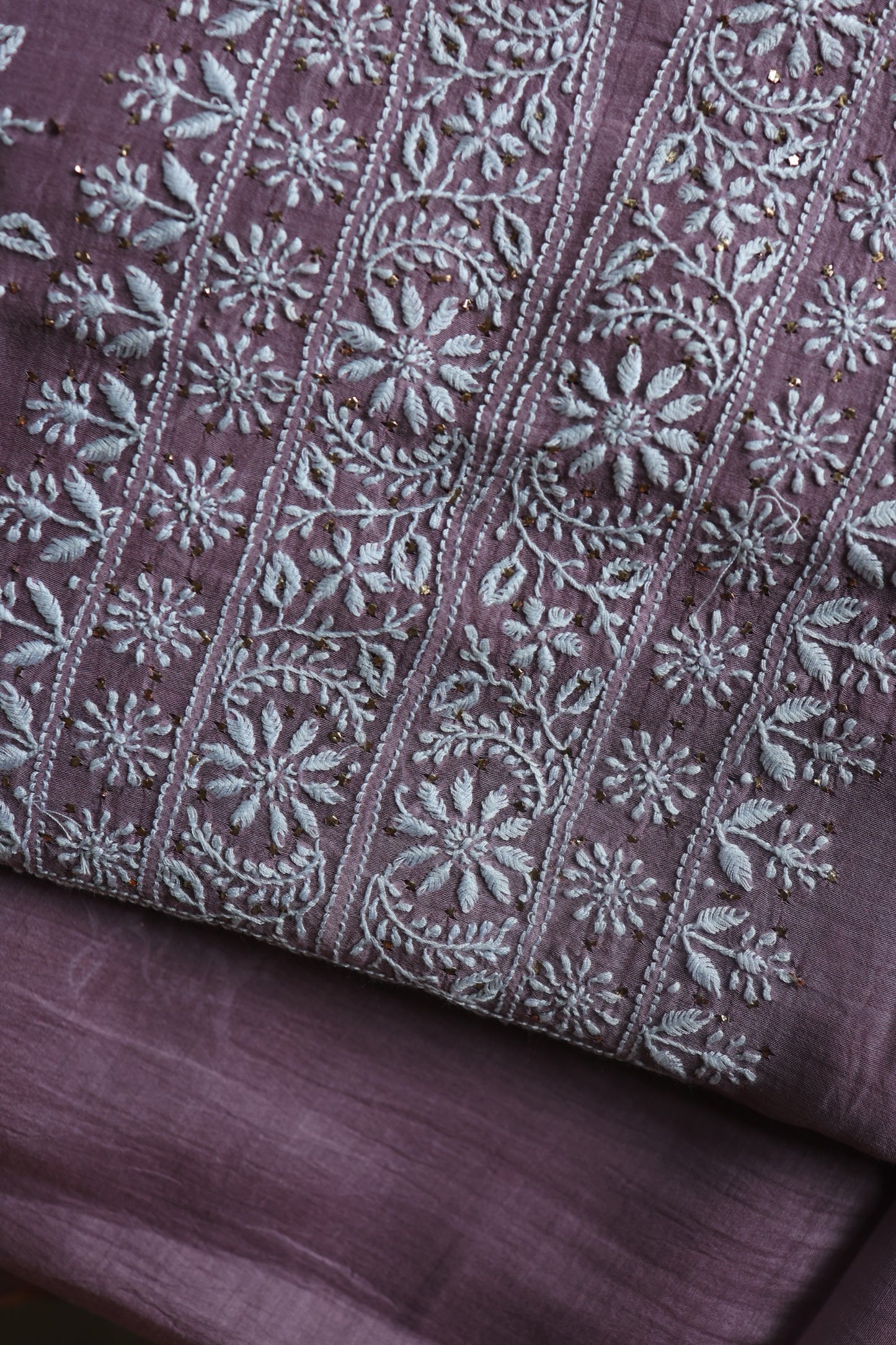 Plum Purple Mal Cotton Chikankari Unstitched Fabrics With Kamdani