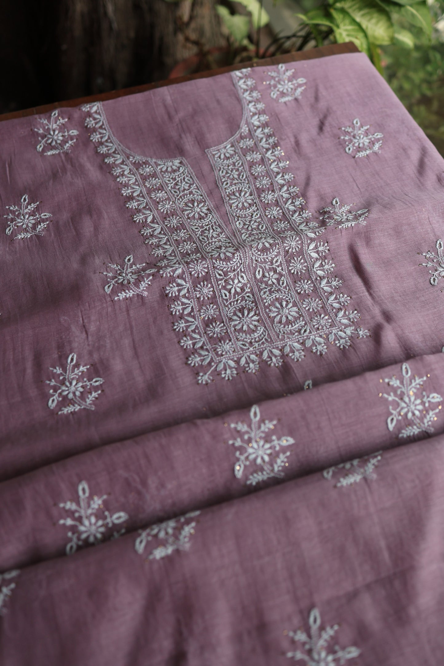Plum Purple Mal Cotton Chikankari Unstitched Fabrics With Kamdani