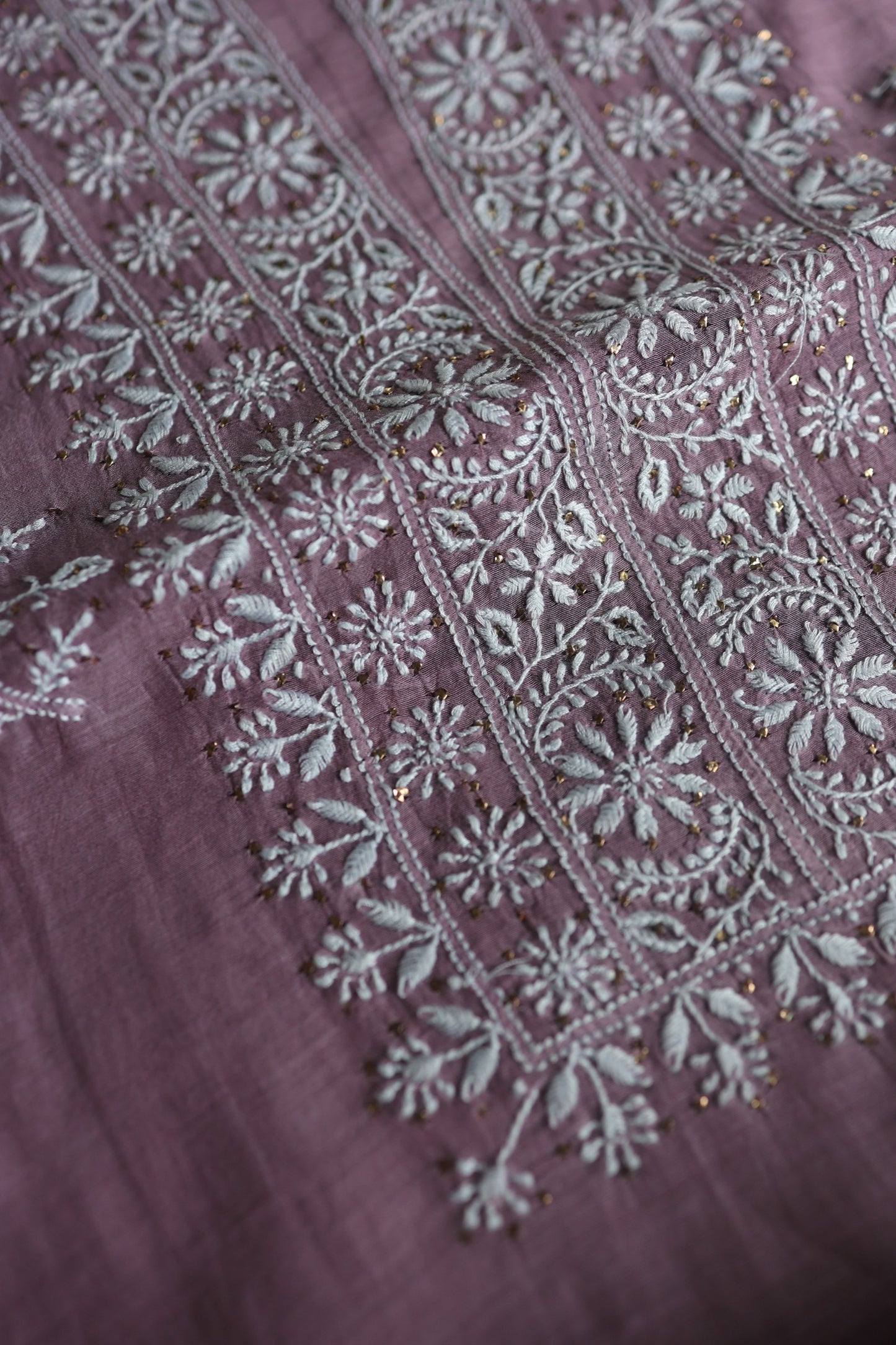 Plum Purple Mal Cotton Chikankari Unstitched Fabrics With Kamdani