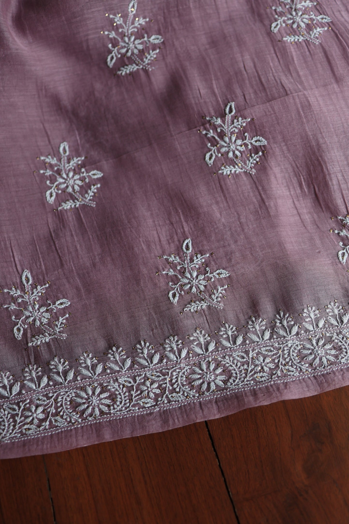 Plum Purple Mal Cotton Chikankari Unstitched Fabrics With Kamdani