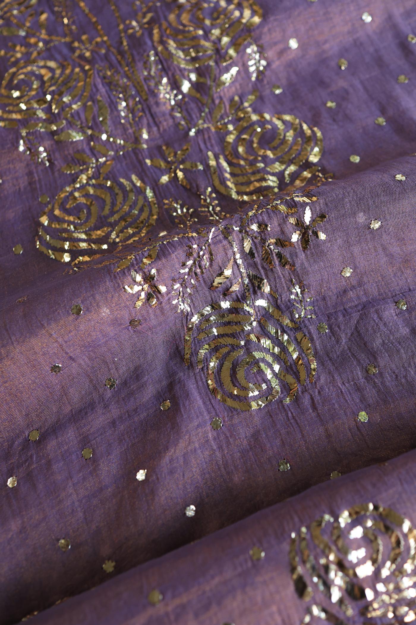 Plum Purple Roheen Tissue Silk Mukaish Badla Fabric