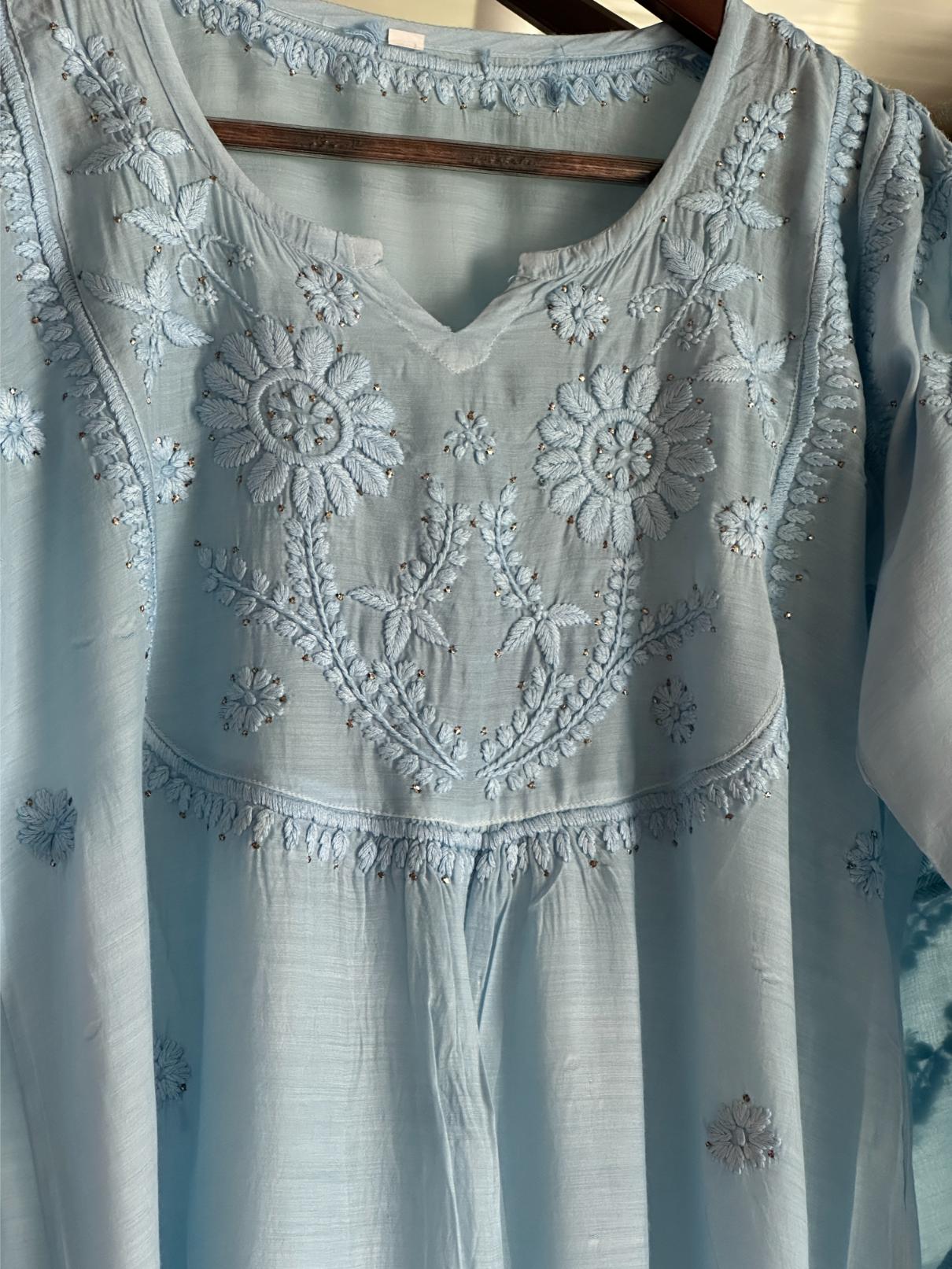 Powder Blue Chanderi Mukaish Kamdani Short Kurti