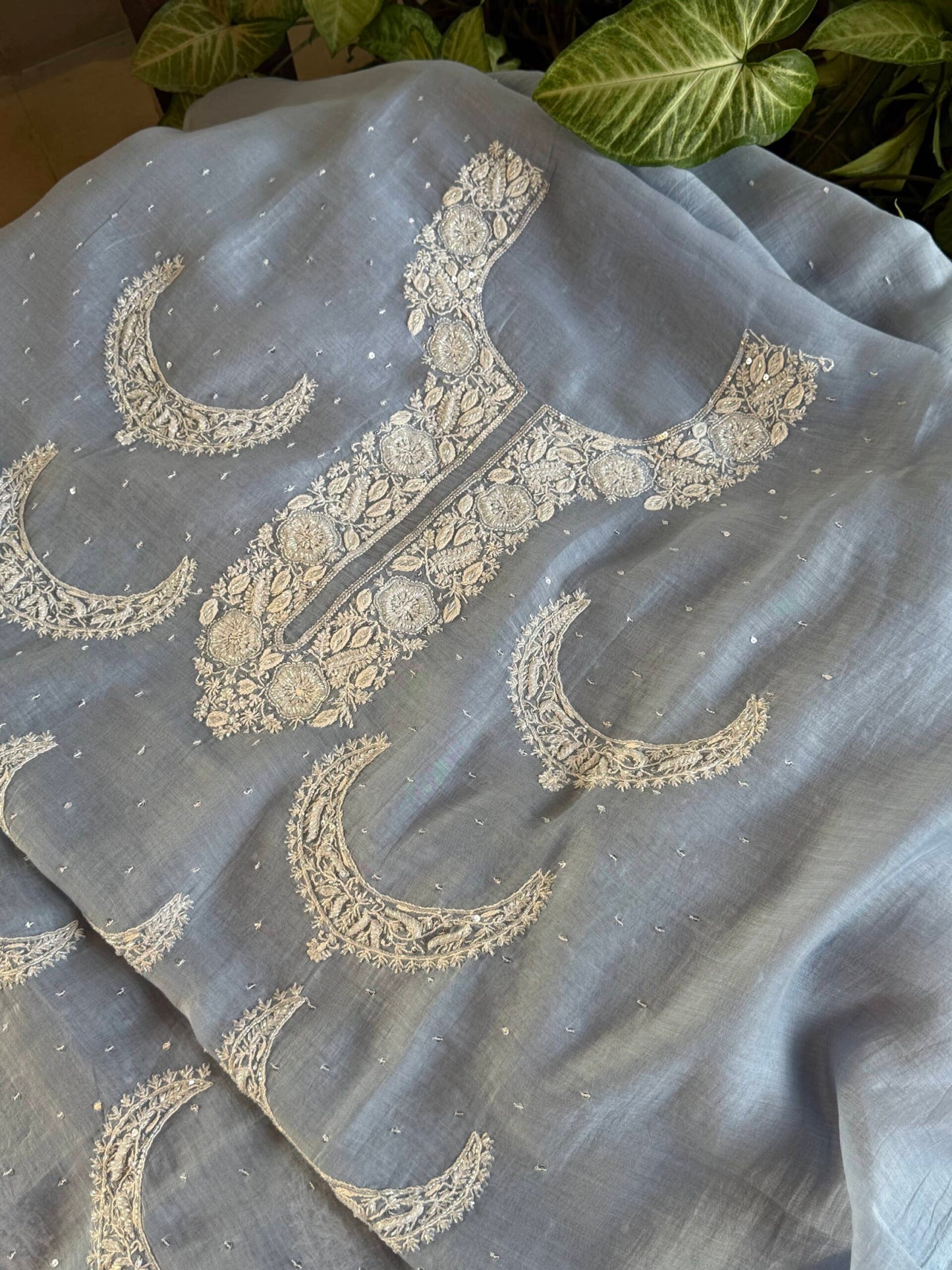 Powder Blue Crescent Chandbala Chikankari Unstitched Fabric