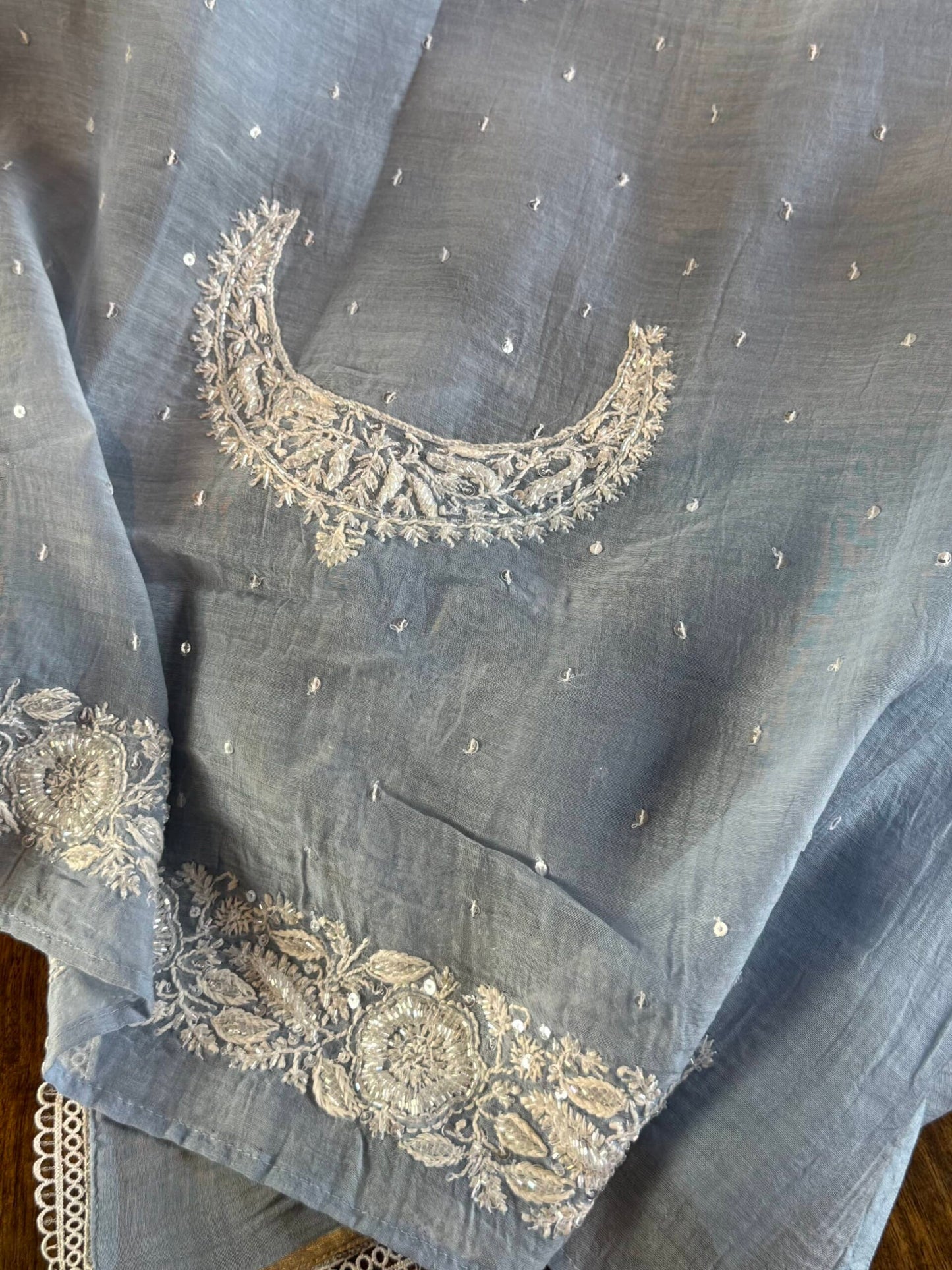 Powder Blue Crescent Chandbala Chikankari Unstitched Fabric