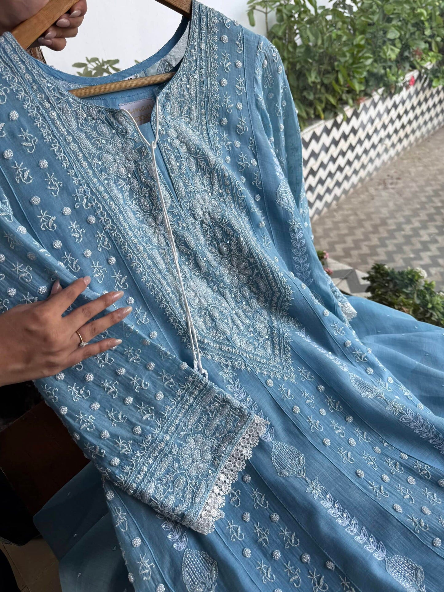 Powder Blue Malmal Pearl Work Chikankari A Line Kurta With Dupatta