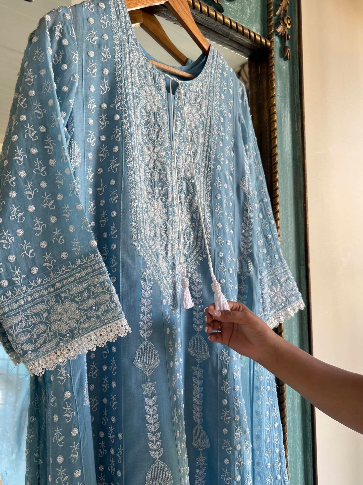 Powder Blue Malmal Pearl Work Chikankari A Line Kurta With Dupatta