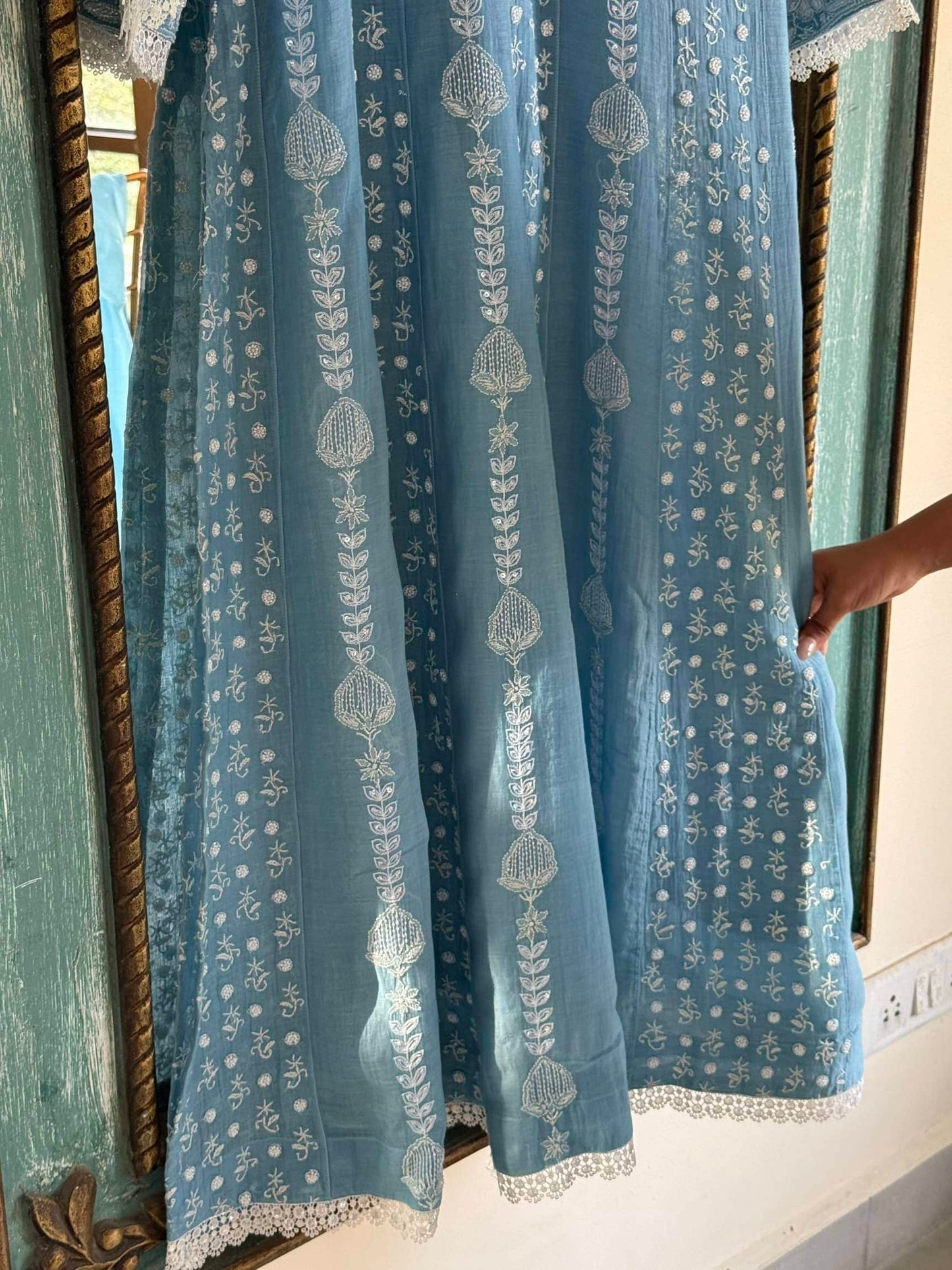 Powder Blue Malmal Pearl Work Chikankari A Line Kurta With Dupatta