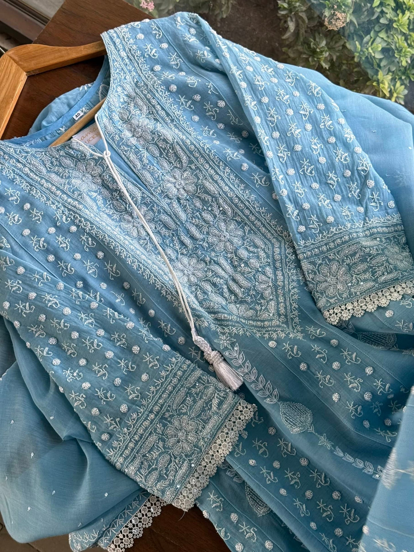 Powder Blue Malmal Pearl Work Chikankari A Line Kurta With Dupatta