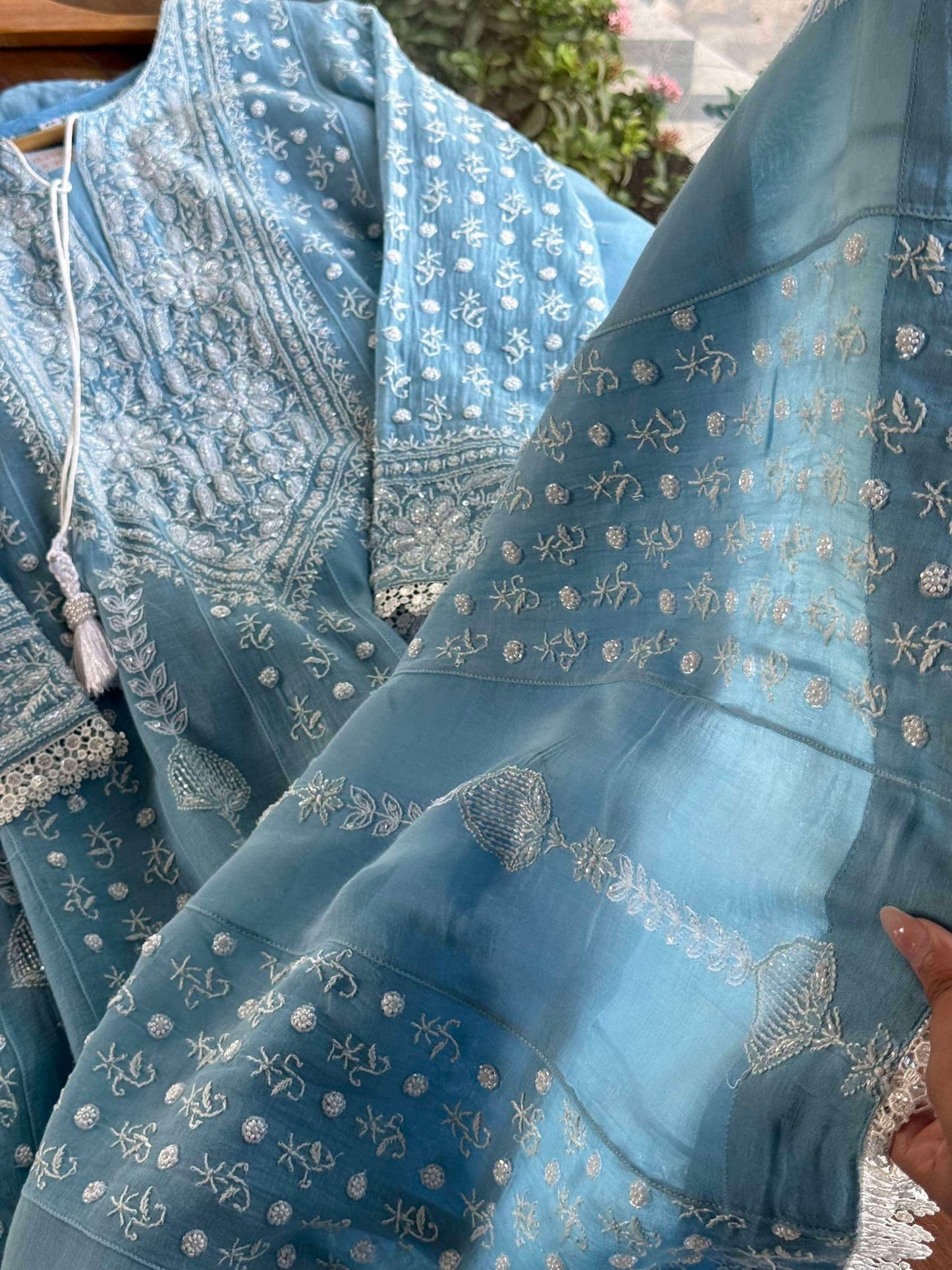 Powder Blue Malmal Pearl Work Chikankari A Line Kurta With Dupatta