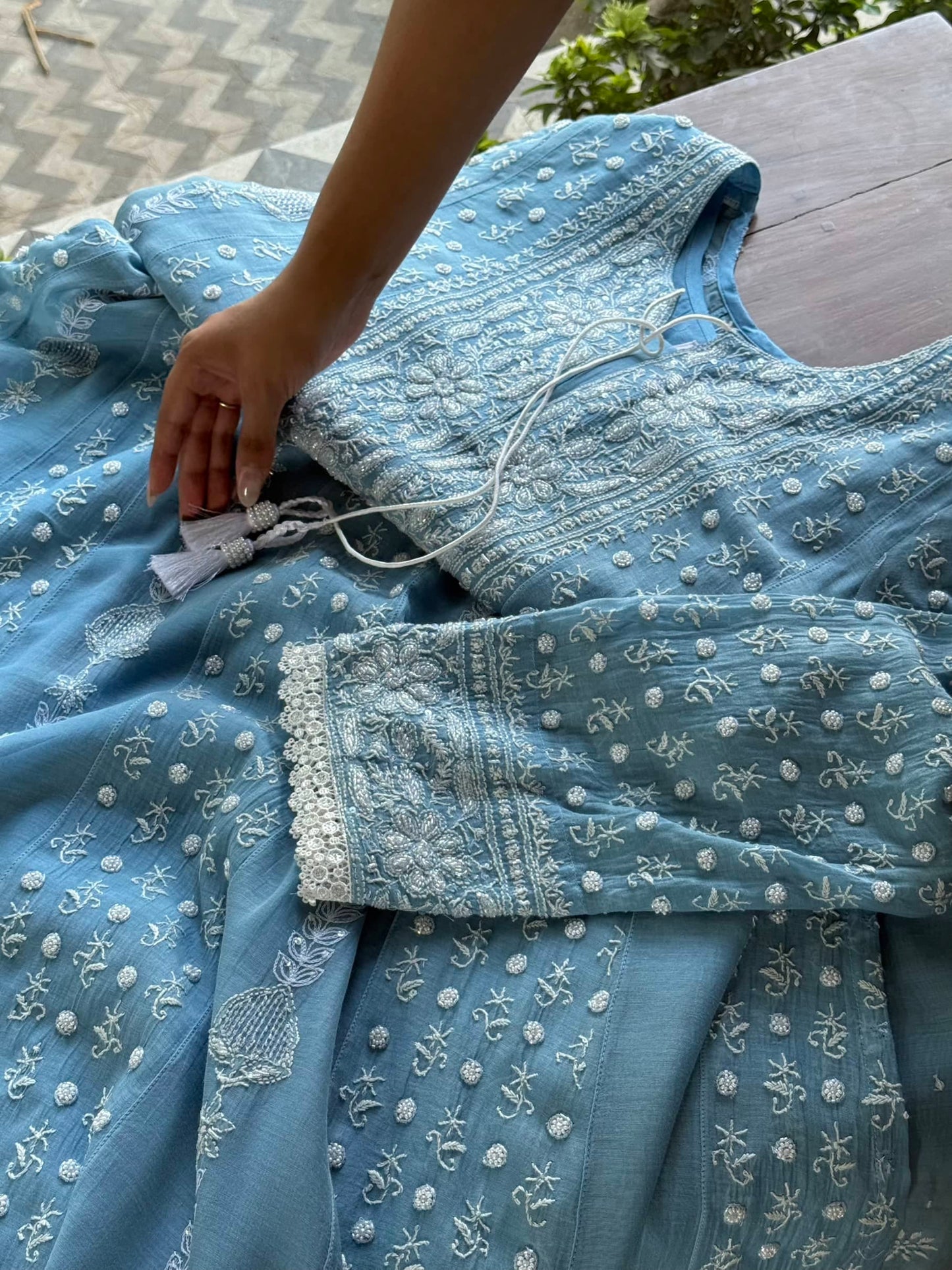 Powder Blue Malmal Pearl Work Chikankari A Line Kurta With Dupatta