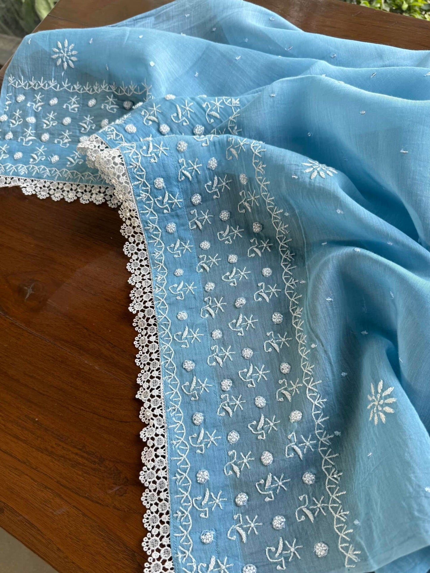 Powder Blue Malmal Pearl Work Chikankari A Line Kurta With Dupatta