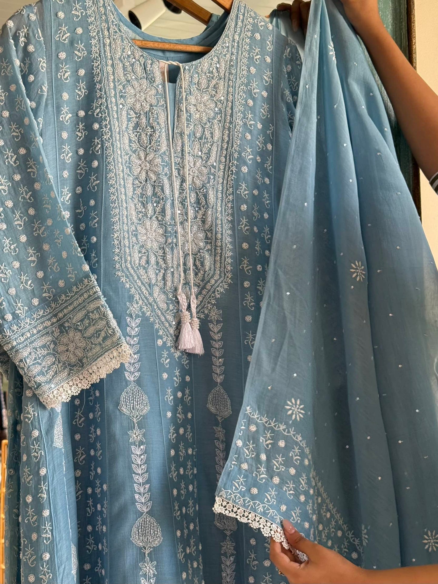 Powder Blue Malmal Pearl Work Chikankari A Line Kurta With Dupatta