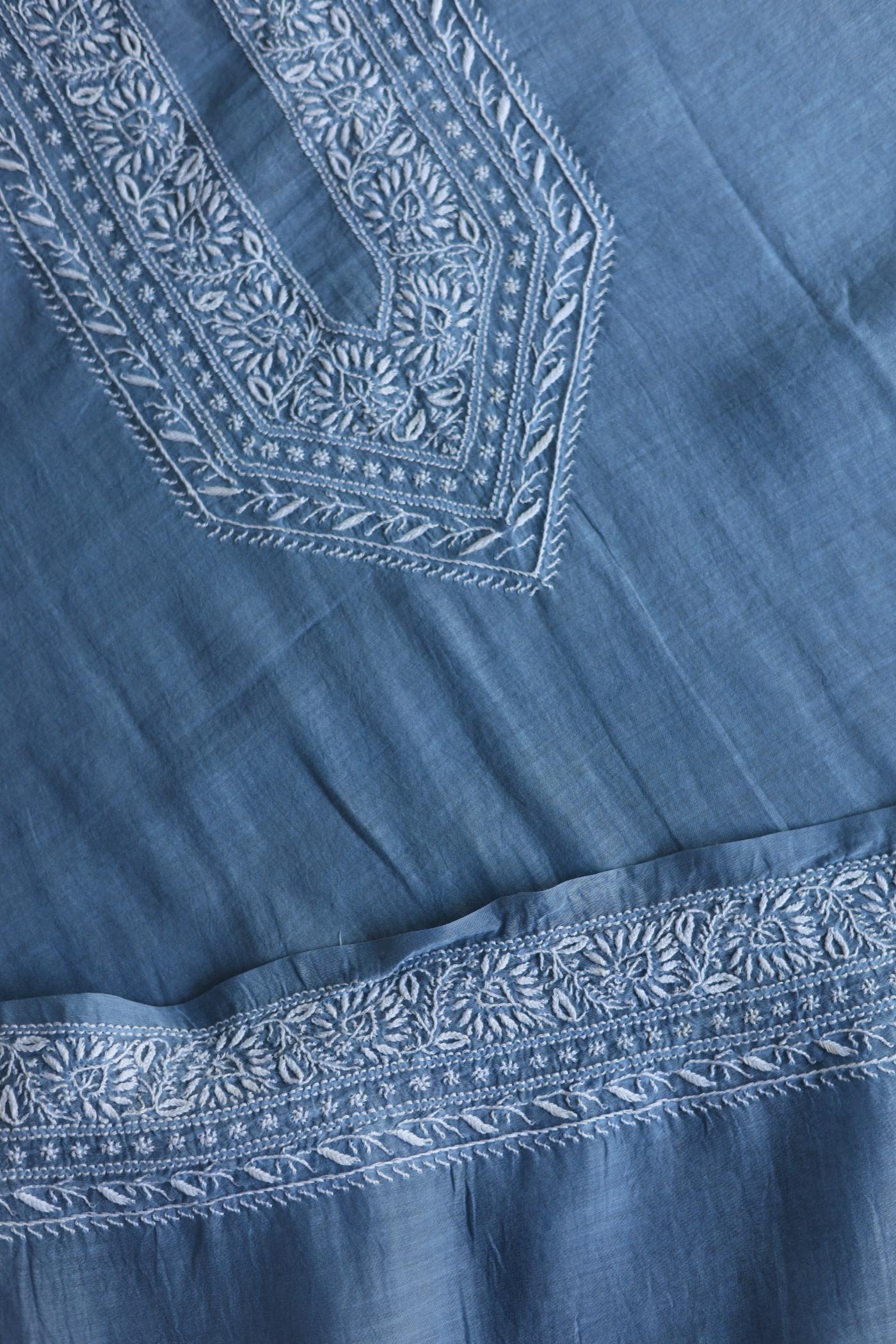Powder Blue Mulmul Chikankari Unstitched Men's Kurtas Fabric