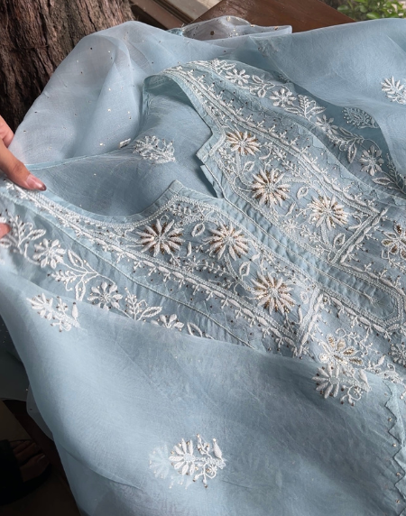 Powder Blue Noor Organza Applique Chikankari Mukaish Kurta Dupatta Set