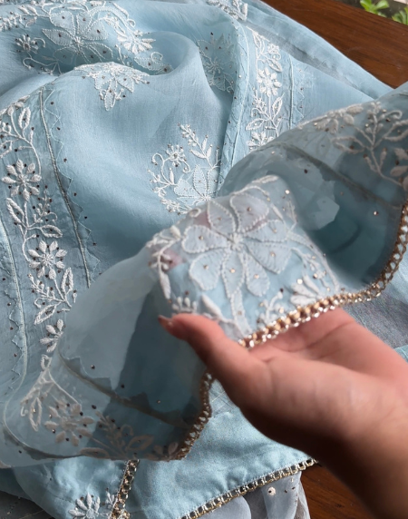 Powder Blue Noor Organza Applique Chikankari Mukaish Kurta Dupatta Set