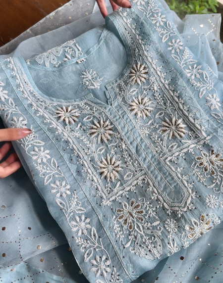 Powder Blue Noor Organza Applique Chikankari Mukaish Kurta Dupatta Set